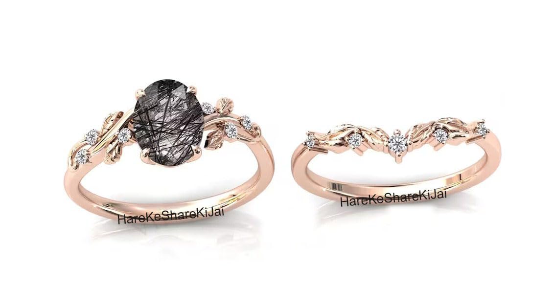 Vintage Black Rutilated Quartz Engagement Ring Set - Art Deco Vine Leaf Design Wedding Ring Set, Antique 2-Piece Bridal Ring Set, Anniversary Gift, Sterling Silver Ring for Women, Oval Engagement Ring - Perfect for Weddings, Anniversaries, and Special Occasions