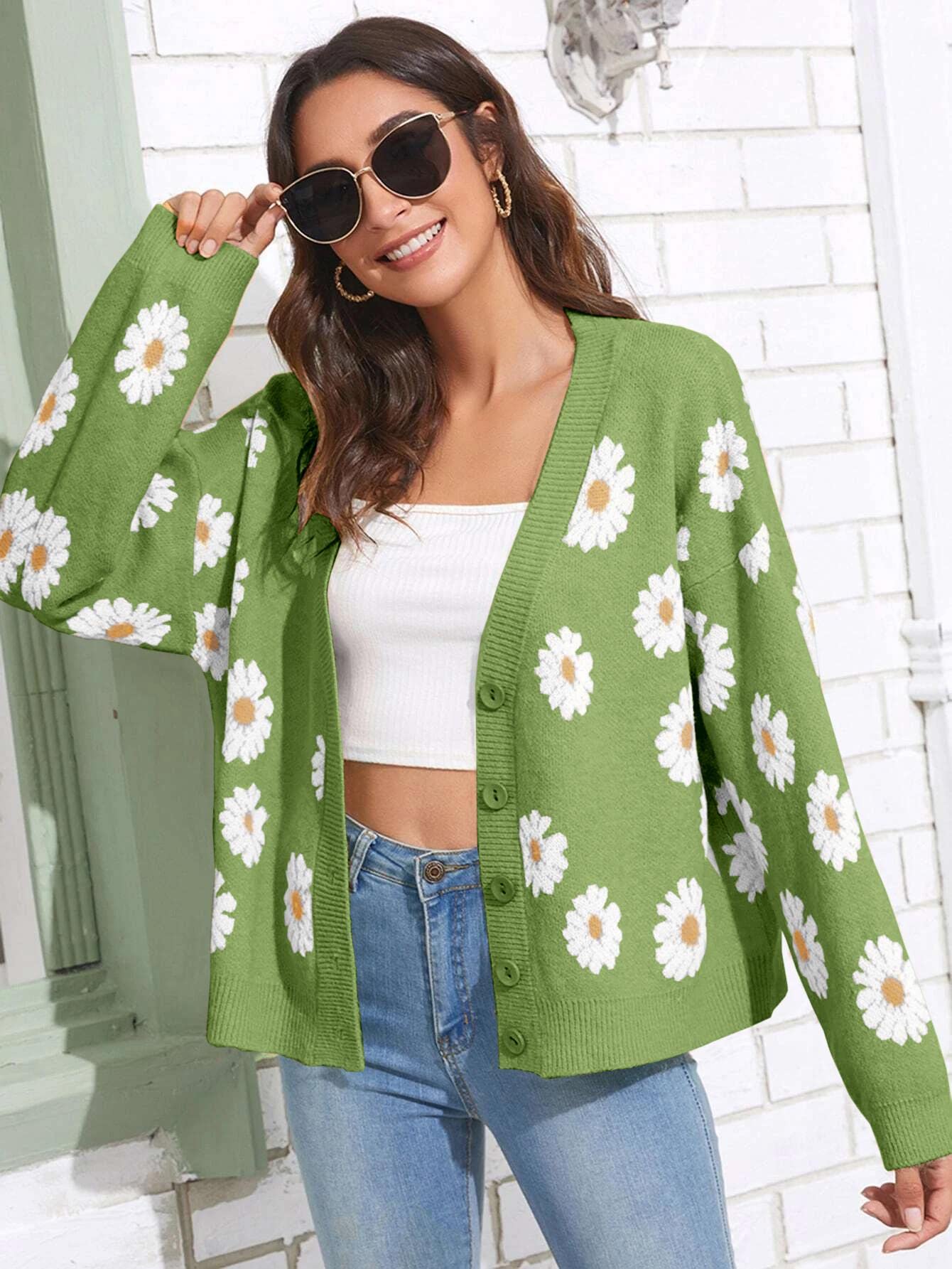 Women's Floral Print Cardigan Sweater - Long Sleeve Open Front Button Down V-Neck Knit Top for Spring/Summer/Fall - Perfect for Office, Date Night & Casual Outfits