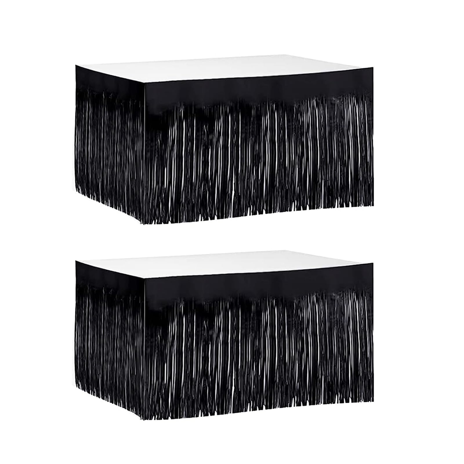 2 Pack 29.5x48 Inch Metallic Foil Fringe Tinsel Table Skirts - Wedding Backdrop, Birthday Party Decor, Christmas Celebration Supplies, Parade Float Decoration (Black) - Perfect for Stage Decor, Photo Booth Background & Event Centerpieces