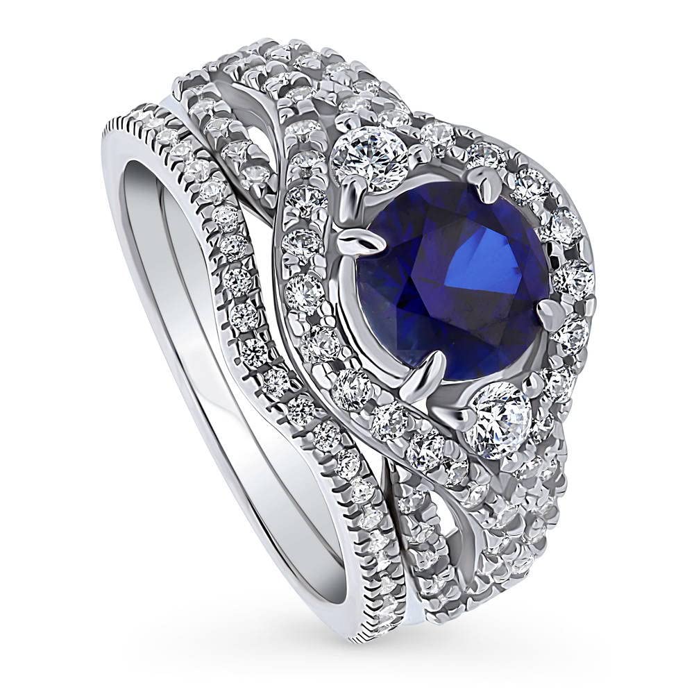 BERRICLE Sterling Silver 3-Stone Wedding & Engagement Ring Set - 1.25ct Simulated Blue Sapphire Round Cut Cubic Zirconia CZ Wishbone Ring for Women, Rhodium Plated (Size 4-10) - Perfect for Proposals, Anniversaries & Special Occasions
