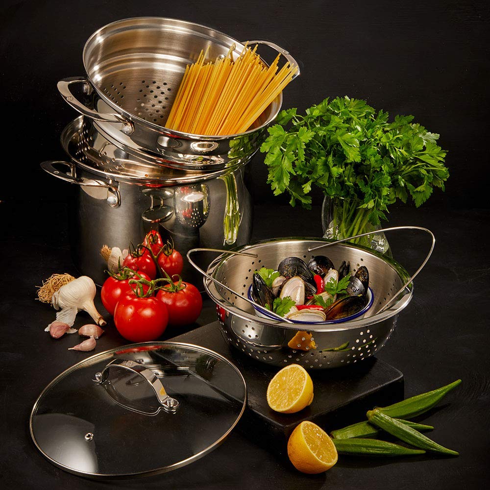Swiss Diamond 3-in-1 Stainless Steel Cookware Set – 7.6 Quart Stock Pot, Cooking Pot & Pasta Pot with Strainer, Vegetable Steamer Basket & Lid – Oven Safe, Dishwasher Safe with Stay-Cool Handles – Perfect for Soups, Stews & Pasta Cooking