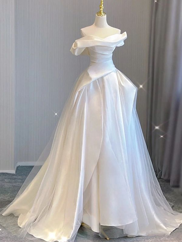Elegant Off-The-Shoulder A-Line White Satin Wedding Dress J5249 | Perfect for Beach, Church & Outdoor Ceremonies