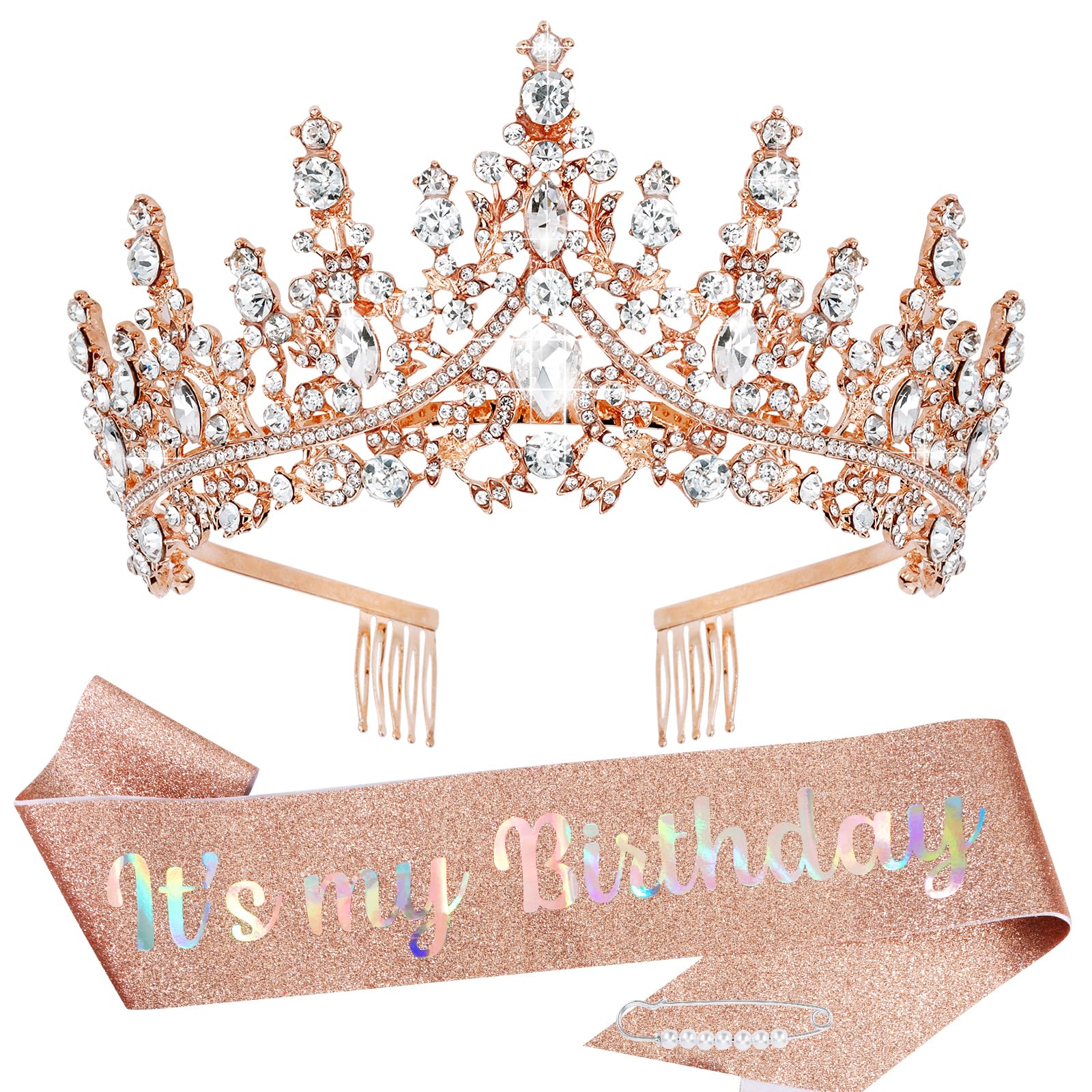 TOBATOBA Rose Gold Glitter Birthday Sash & Crystal Tiara Set for Women Girls - Princess Crown, Quinceanera Accessories, Birthday Party Decorations - Perfect for Birthday Celebrations, Bachelorette Parties & Special Events