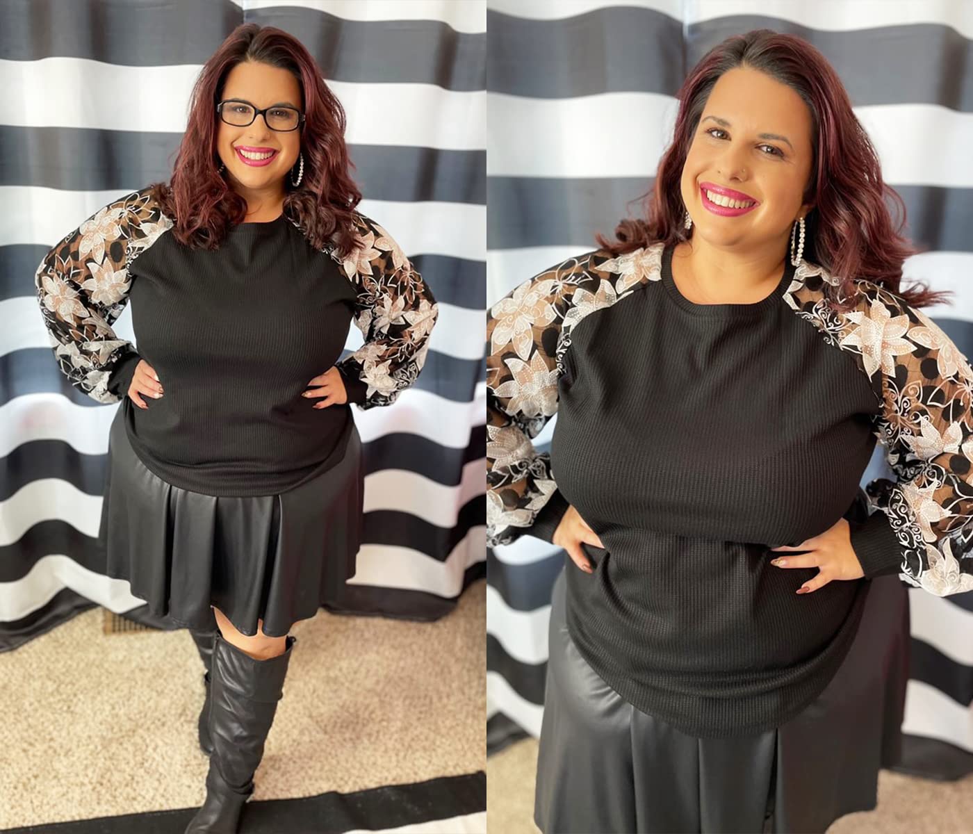 TIYOMI Plus Size Lace Puff Sleeve Shirts for Women - Crewneck Waffle Knit Tops XL-5XL - Casual Blouse for Work, Date Night & Spring Outfits