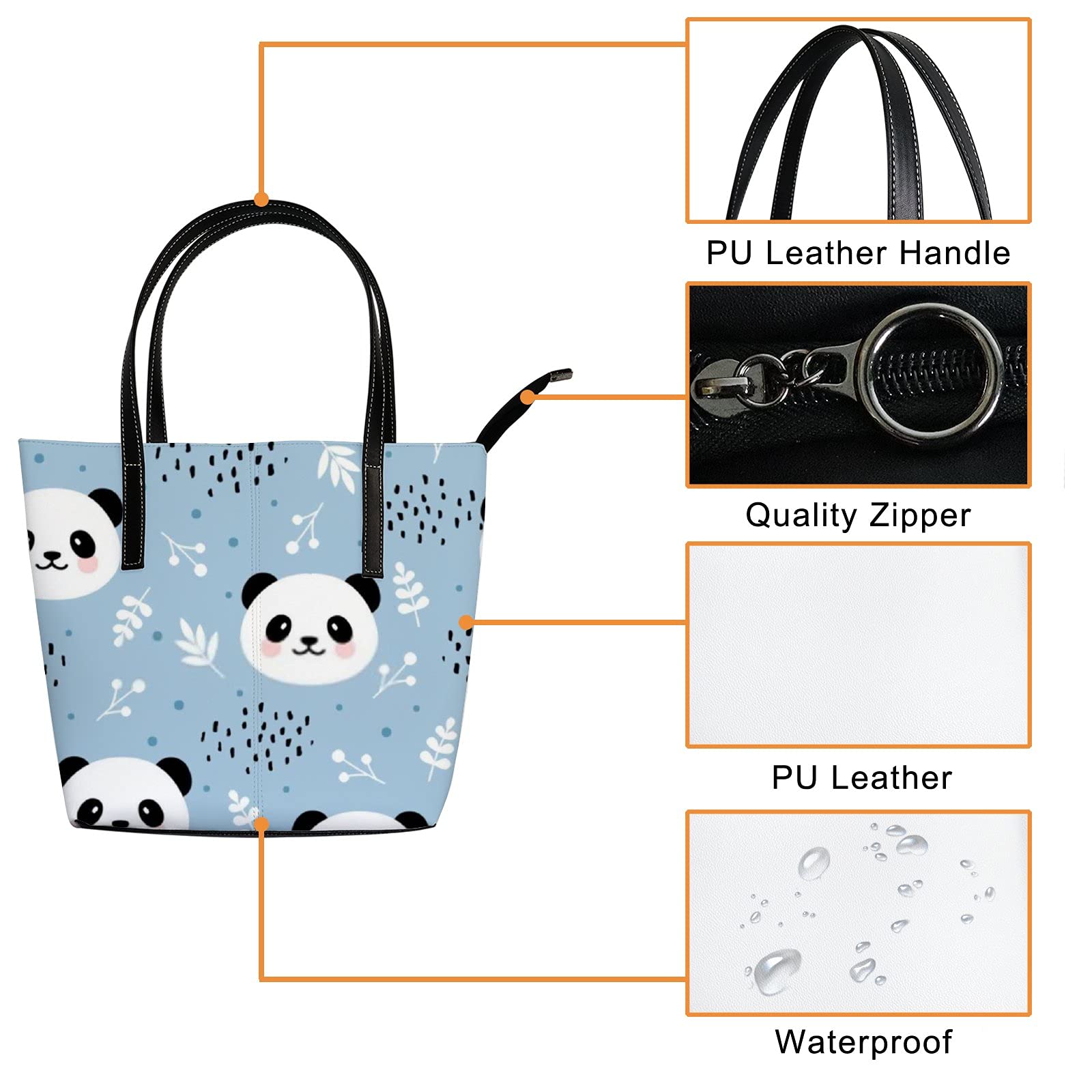 Cute Cartoon Panda & Dots Leather Tote Bag for Women - Blue Black & White Crossbody Handbag with Zipper | Stylish Work Bag, Travel Purse & Everyday Carryall