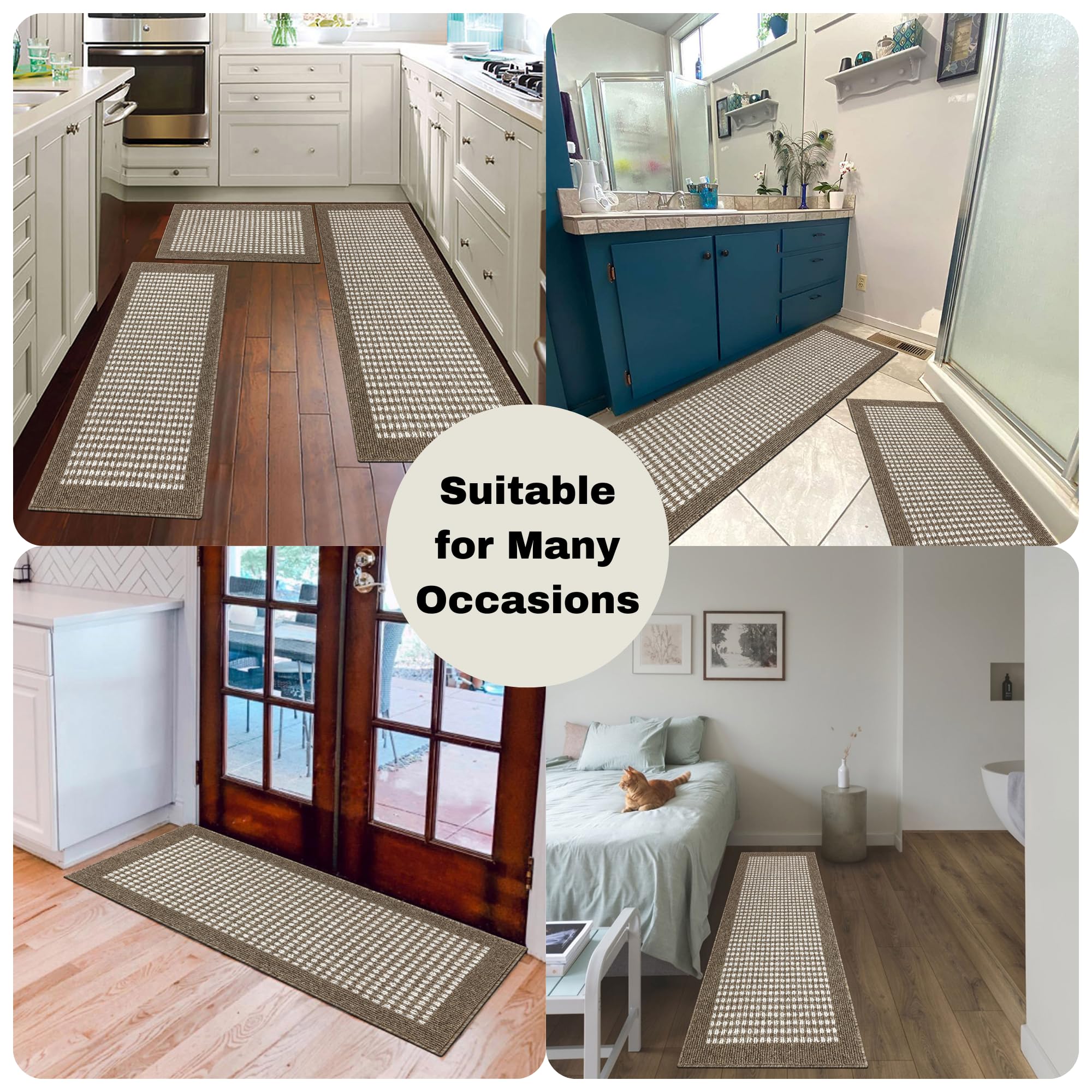 **Ileading 3-Piece Non-Slip Kitchen Mat Set - Minimalist 3D Lattice Design, Machine Washable, Farmhouse Style Floor Rugs for Kitchen, Laundry, Hallway & Entryway (Brown)**    *Perfect for adding comfort and style to high-traffic areas while preventing slips and spills!*