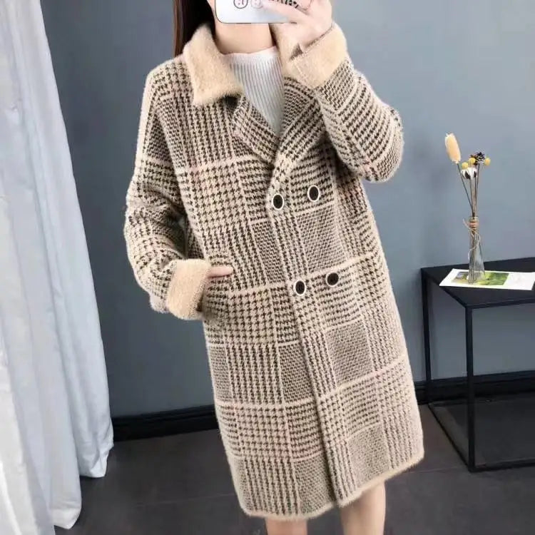 2023 Women's Winter Wool Plaid Coat - Medium Long Thick Square Overcoat with Long Sleeves | Korean Fashion Trend | Warm Outerwear for Fall and Winter | Perfect for Office, Dating & Holiday Outfits