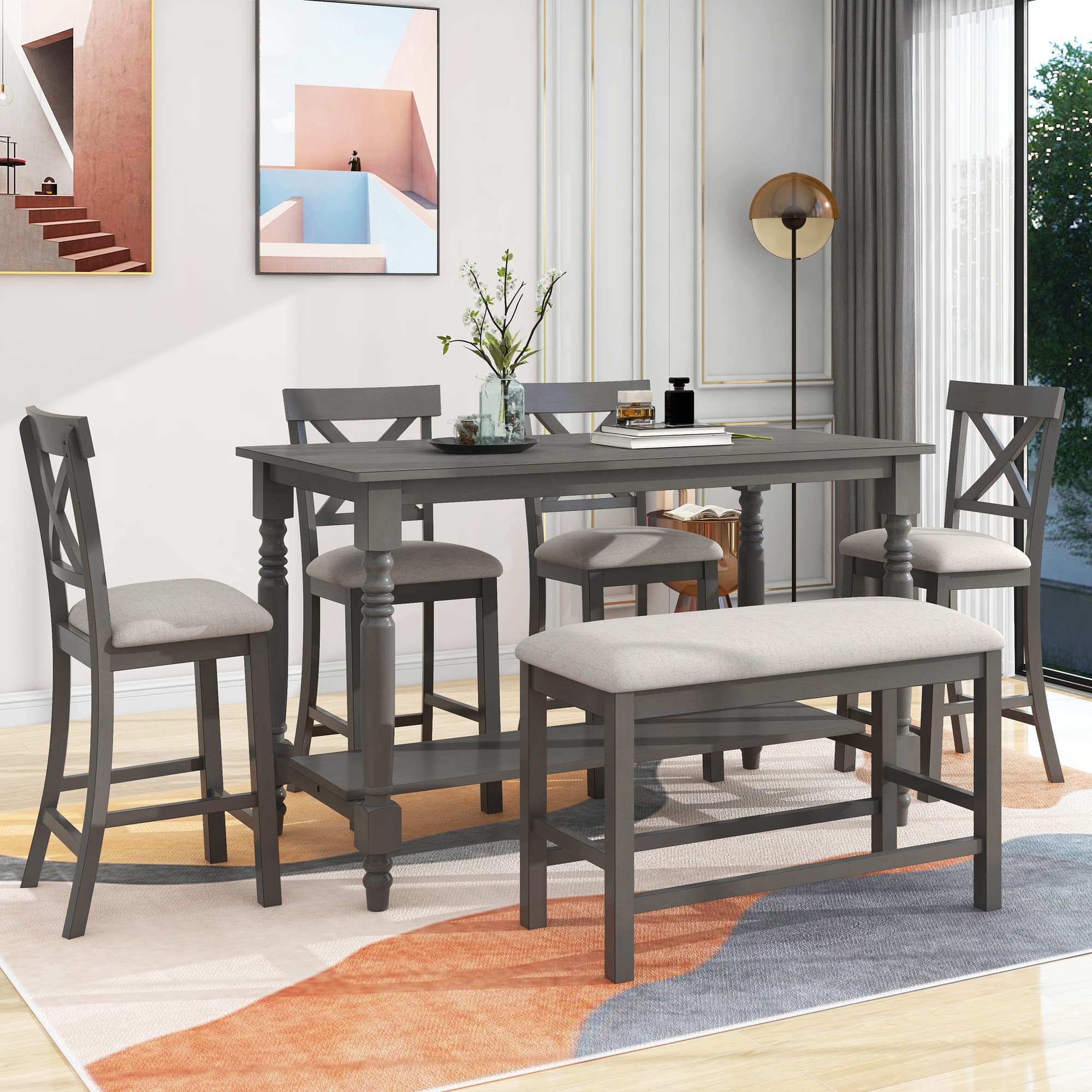 6-Piece Counter Height Dining Table Set with 4 Chairs & Bench - Wooden Rectangular Kitchen Table with Storage Shelf - Perfect for Small Spaces, Breakfast Nooks & Modern Dining Rooms (Gray)