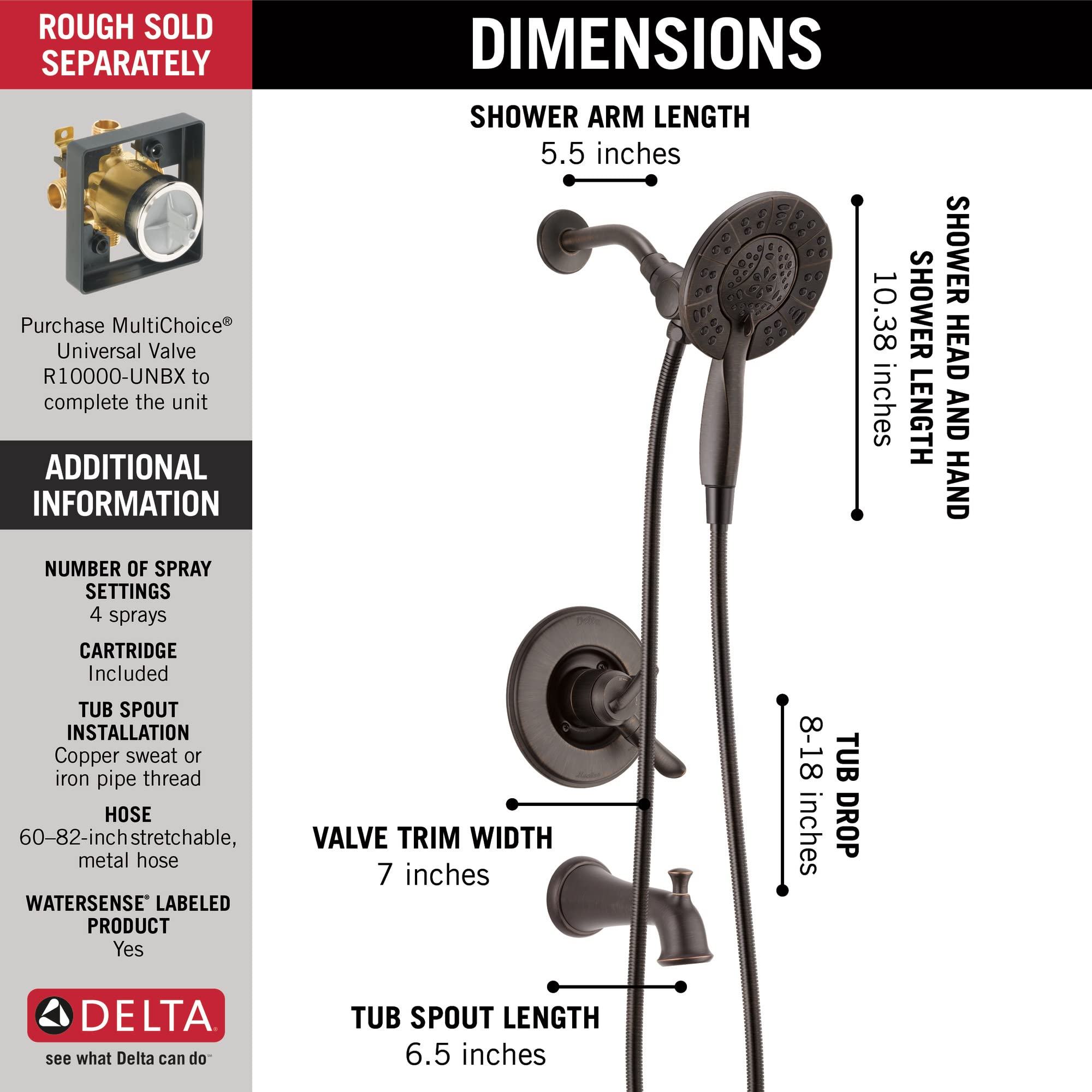 Delta T17494-RB-I Linden 17 Series Tub & Shower Faucet in Venetian Bronze - No Rough-In Required | Perfect for Bathroom Renovations & Modern Home Upgrades