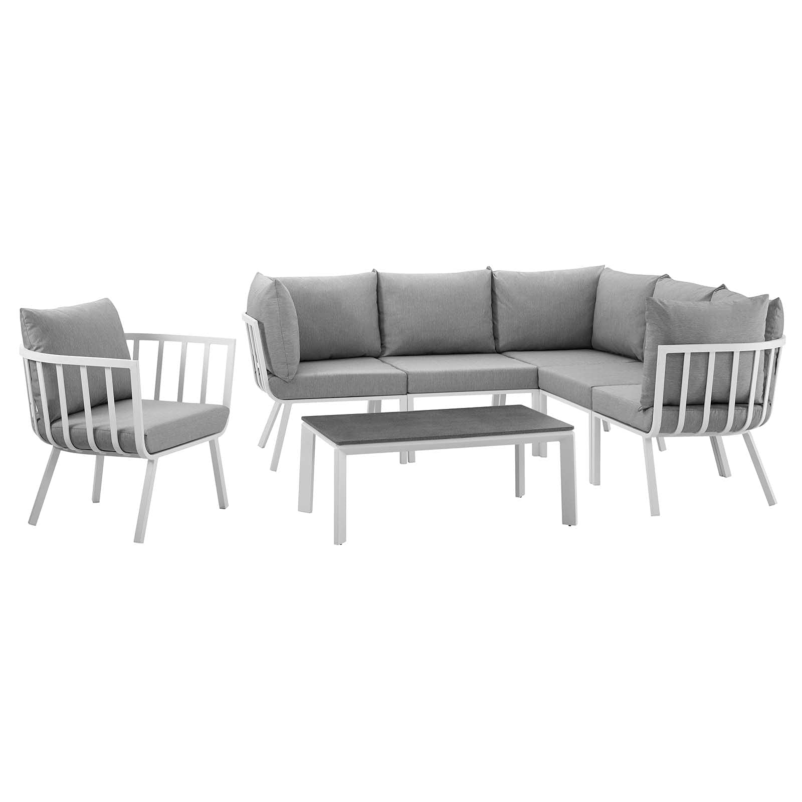 Modern Aluminum Lounge Sectional Sofa Chair Set in White & Grey - Durable Metal Outdoor Patio Furniture for Cafe, Bistro, and Garden Relaxation