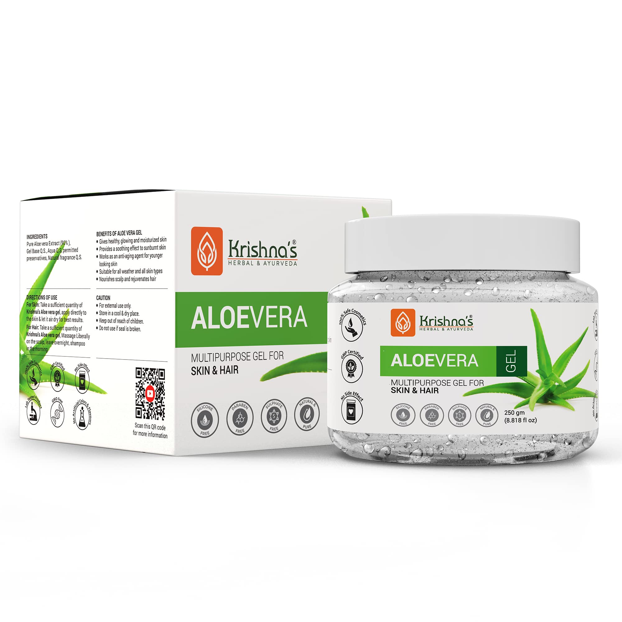 KRISHNA's Herbal & Ayurveda Aloe Vera Gel - 500g Pure White Non-Sticky Transparent 3-in-1 Fresh Soothing Gel for Skin, Body & Hair with Vitamin C+E, Natural Emollients for Dark Spots & Acne Treatment | Perfect for Sunburn Relief, Daily Moisturizing & Hair Care