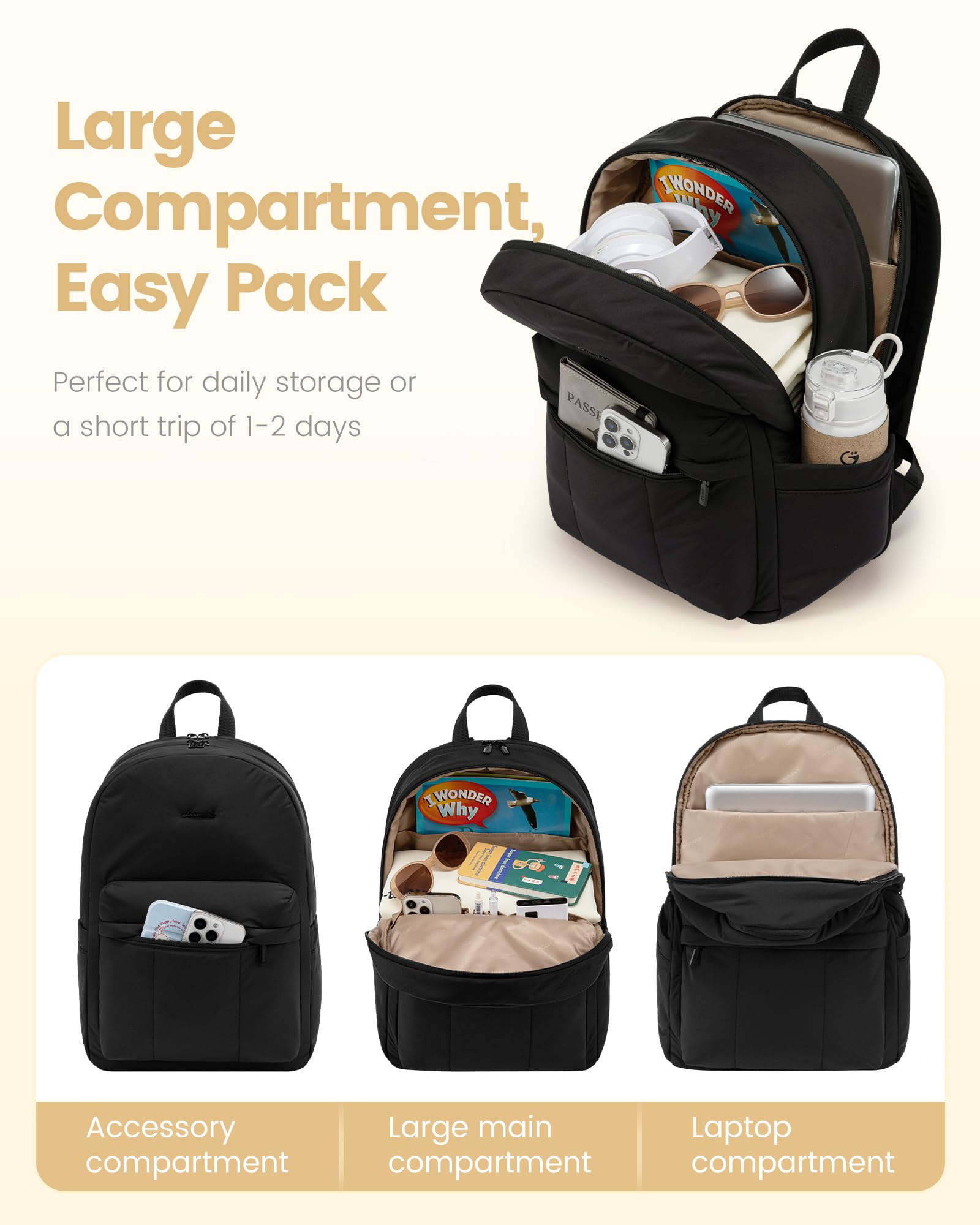 LOVEVOOK 15.6 Inch Laptop Backpack for Women - Lightweight Waterproof Travel Backpack, Quilted Computer Bag for Work, School & Daily Use - Perfect for Teachers, Nurses & Students - Black Puffy Casual Daypack (Great for Commuting, Business Trips & College)