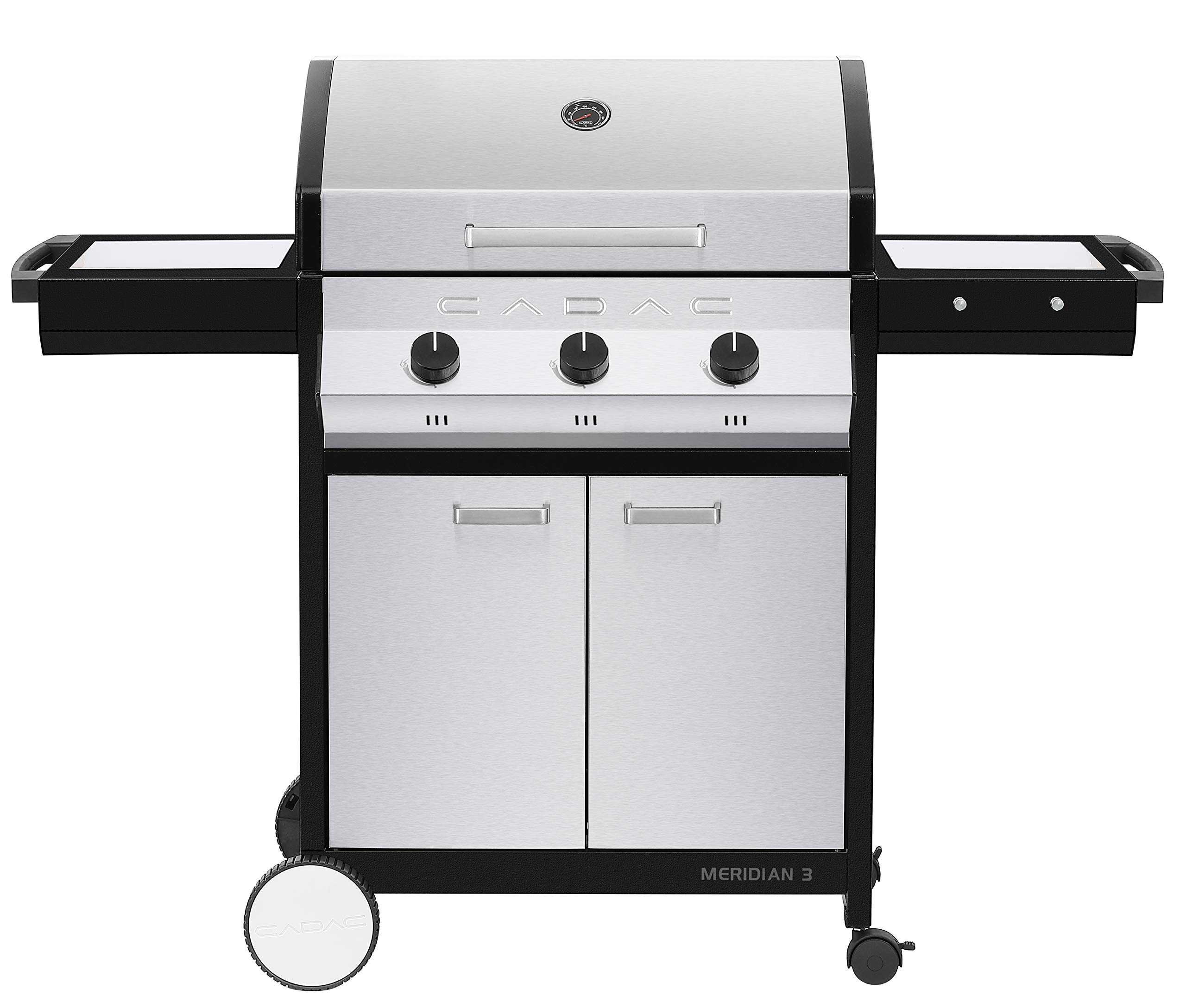 Cadac Meridian 3 Propane Gas BBQ Grill with 3 Burners - Stainless Steel 2-Door Cart & Side Tables (Model 98510-31-01-US) - Perfect for Backyard BBQs, Camping, Tailgating & Outdoor Cooking