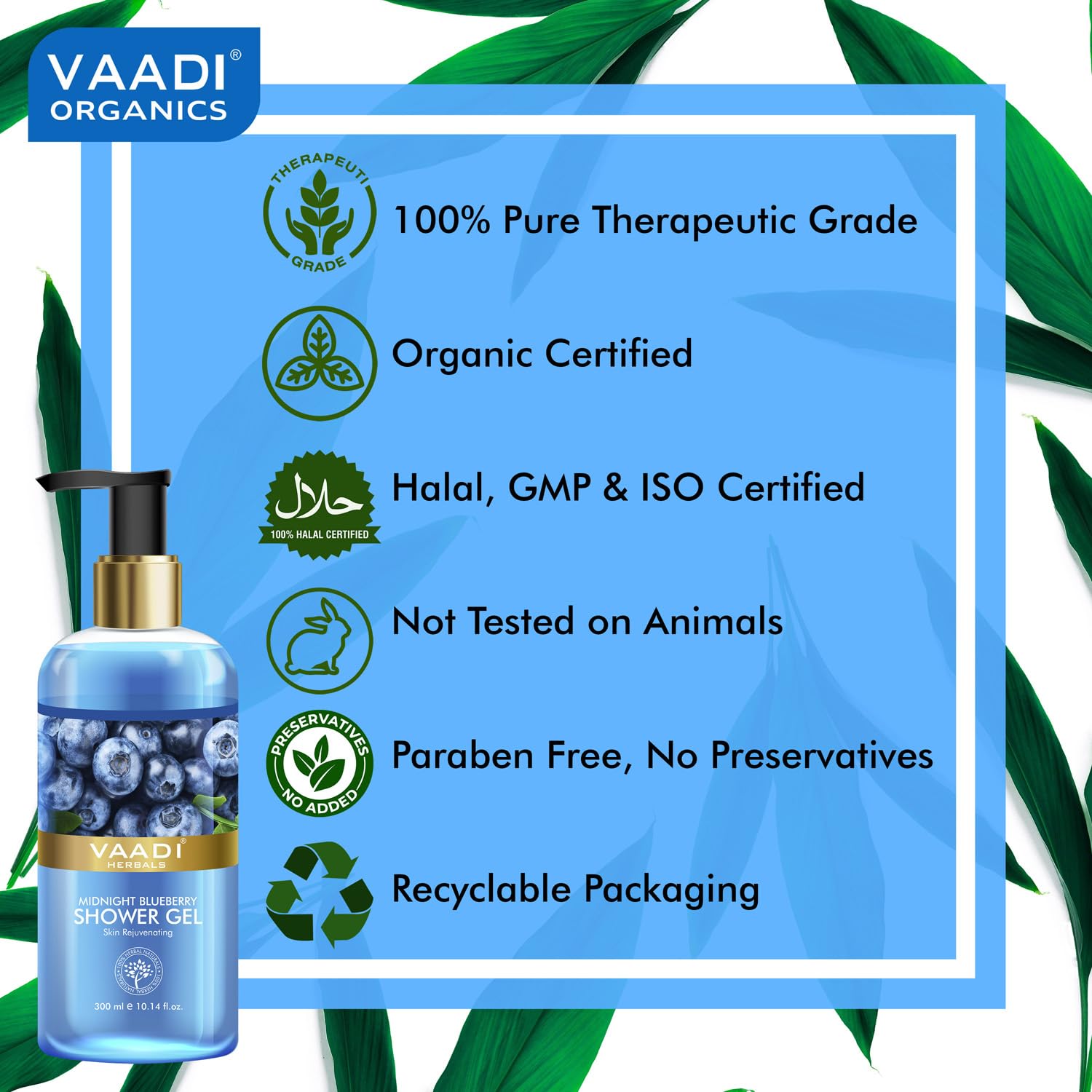 Vaadi Herbals Midnight Blueberry Shower Gel - 300ml | Natural & Moisturizing Body Wash for Dry Skin | Perfect for Relaxing Bath & Aromatherapy at Home