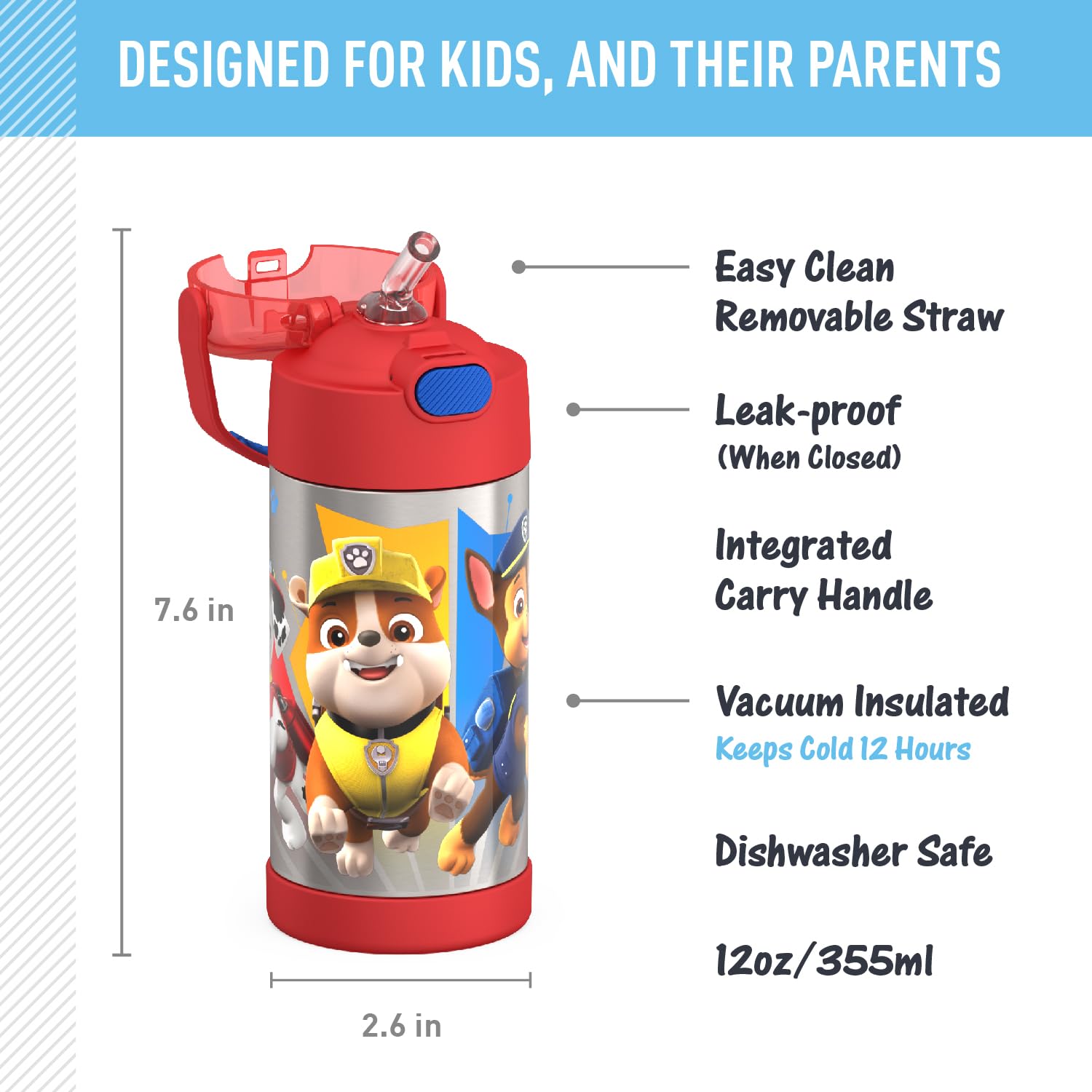 THERMOS FUNTAINER Kids Stainless Steel Vacuum Insulated Water Bottle with Straw & Lid - 12oz Paw Patrol Design - Keeps Drinks Cold for 24 Hours - Perfect for School, Outdoor Activities & Travel