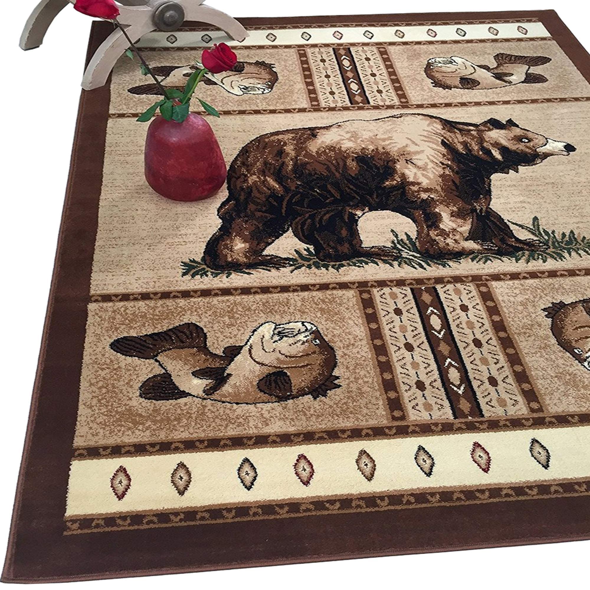 HR Cabin Rug – Lodge & Cabin Nature Themed Area Rug with Modern Geometric Design – Abstract Multicolor Bear, Fish & Southwestern Patterns – Perfect for Rustic Cabins, Hunting Lodges & Cozy Living Rooms