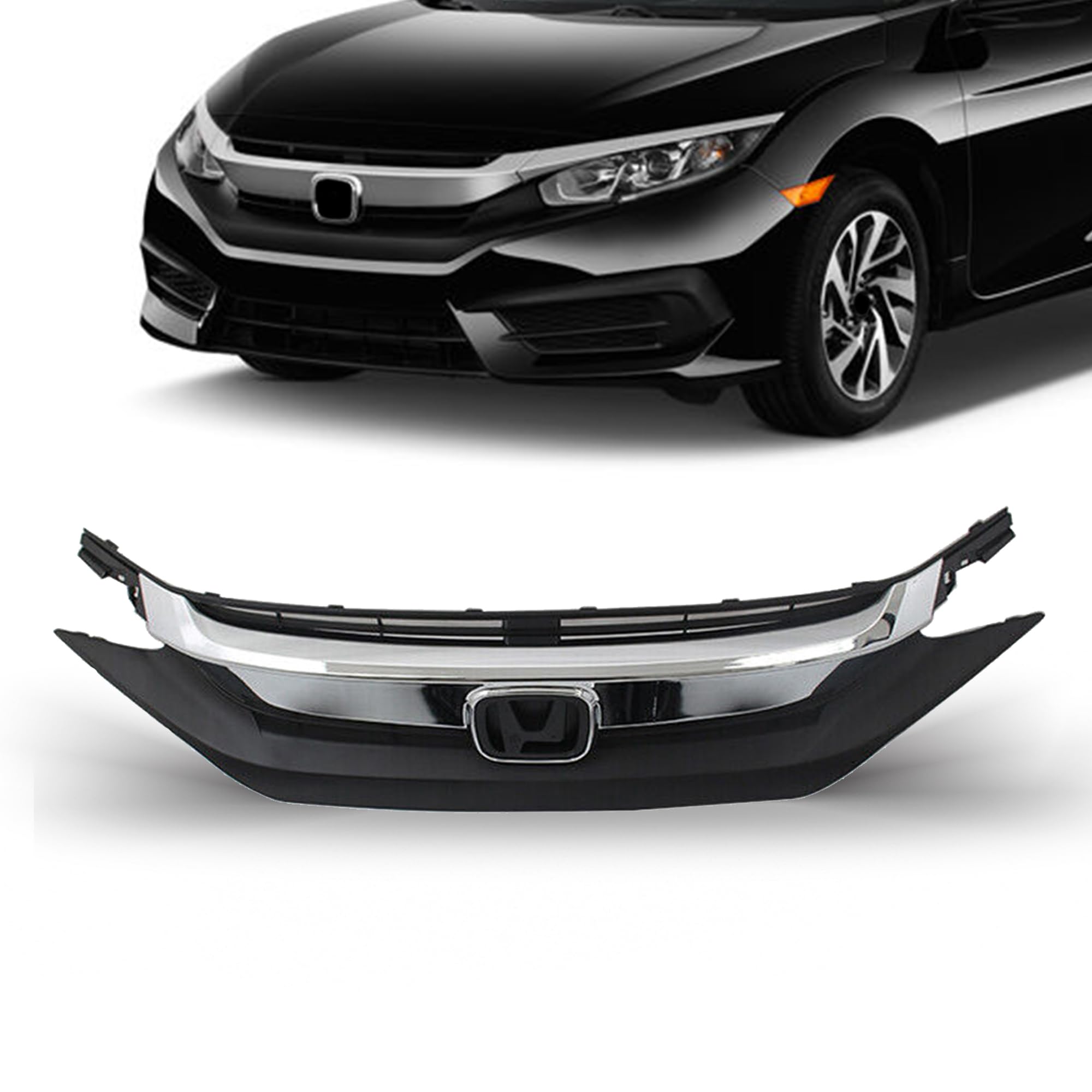 PartsFlow Front Bumper Grille Black With Chrome Trim for 2016-2018 Honda Civic Sedan/Coupe (Model HO1213117) - Perfect Fit Replacement & Style Upgrade for Daily Driving & Car Shows