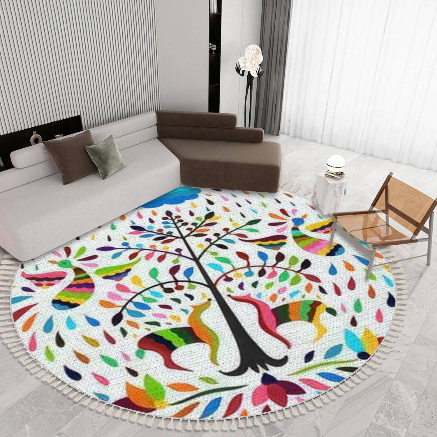Mexican Otomi Style Round Shag Rug with Fringe - Boho Circle Throw Area Carpet Featuring Bright Animal & Tree Designs - Perfect for Kids Room, Nursery, Playroom & Powder Room Decor - 6 ft Soft Tassel Accent Rug for Cozy Boho Chic Spaces