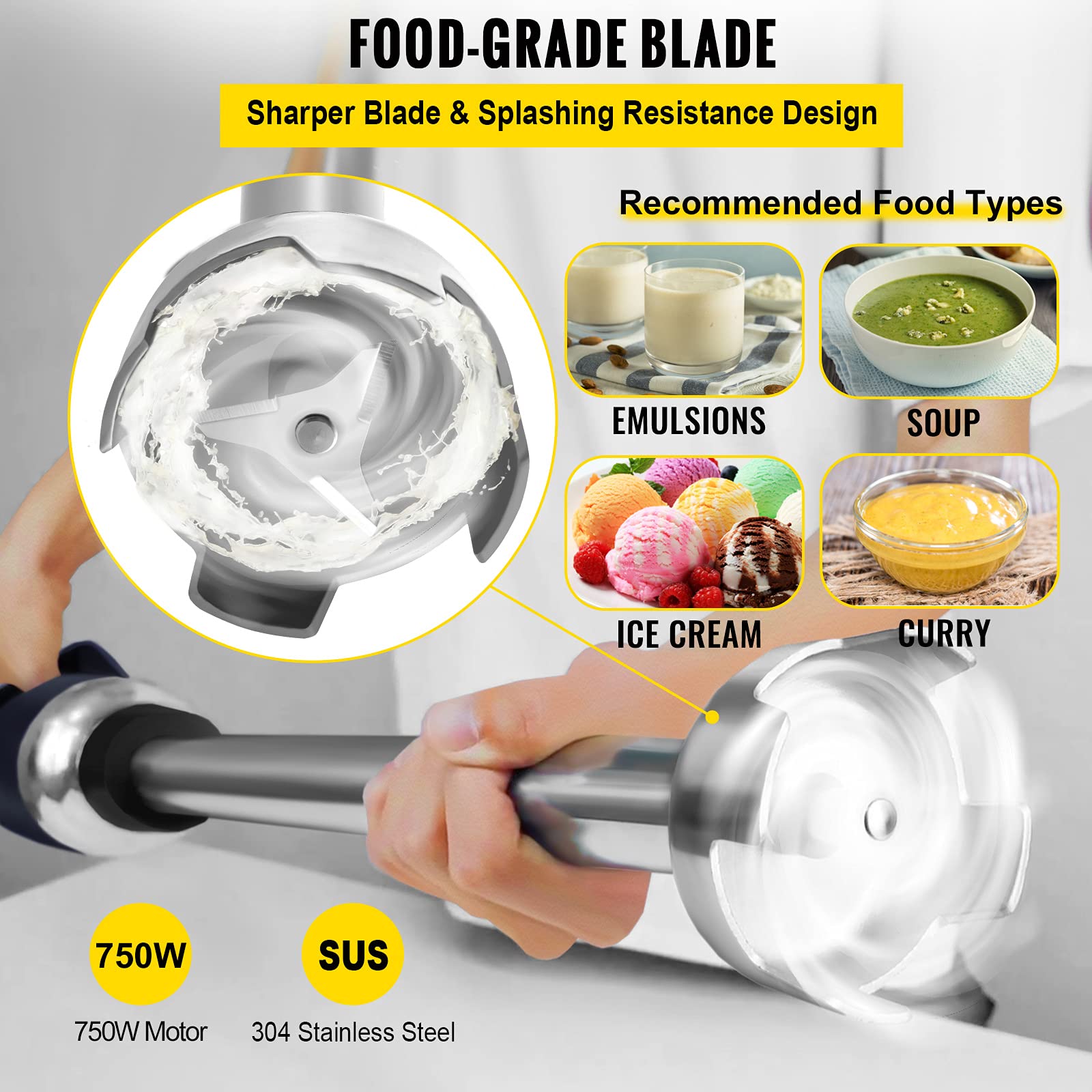 VEVOR 750W Commercial Immersion Blender - Variable Speed Heavy Duty Hand Blender with 304 Stainless Steel Shaft (19.7