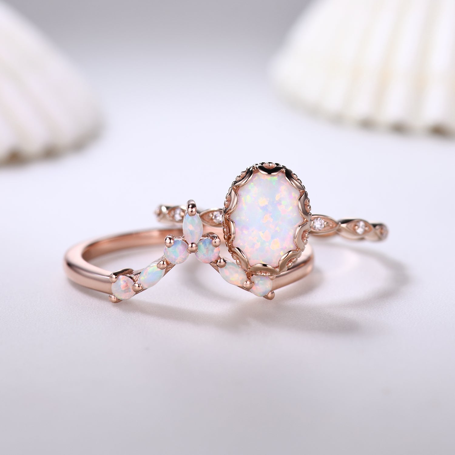 14K Rose Gold Oval Opal and Diamond Bridal Ring Set - Elegant Curved Wedding Band for Women, Perfect Anniversary Gift for Her | Ideal for Engagement, Wedding Ceremony & Romantic Occasions