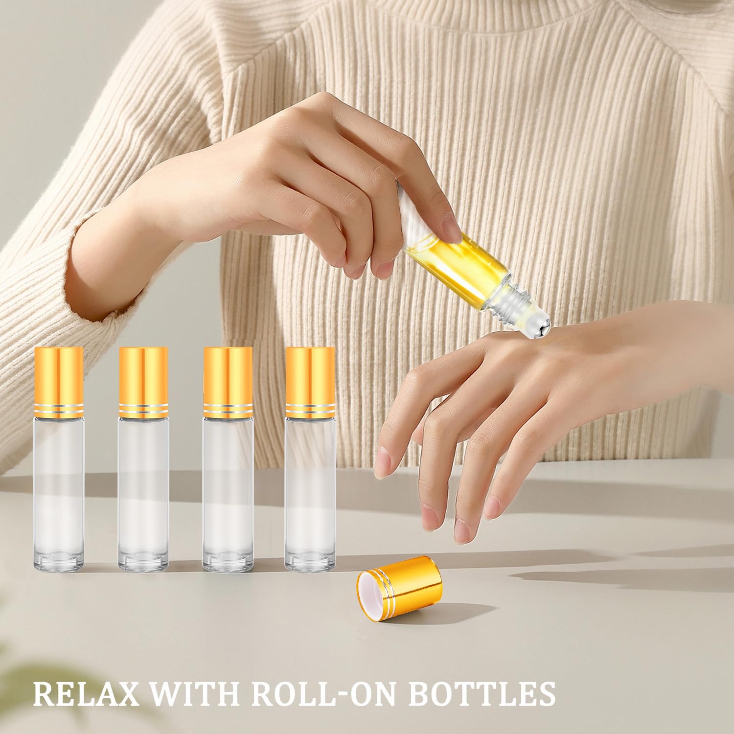 10ml Clear Glass Essential Oil Roller Bottles - Refillable Roll On Bottles with Gold Caps for Travel, 4 Pack Empty Rollerball Bottles for Essential Oils & Perfume - Perfect for DIY Aromatherapy, On-the-Go Use & Gift Packaging