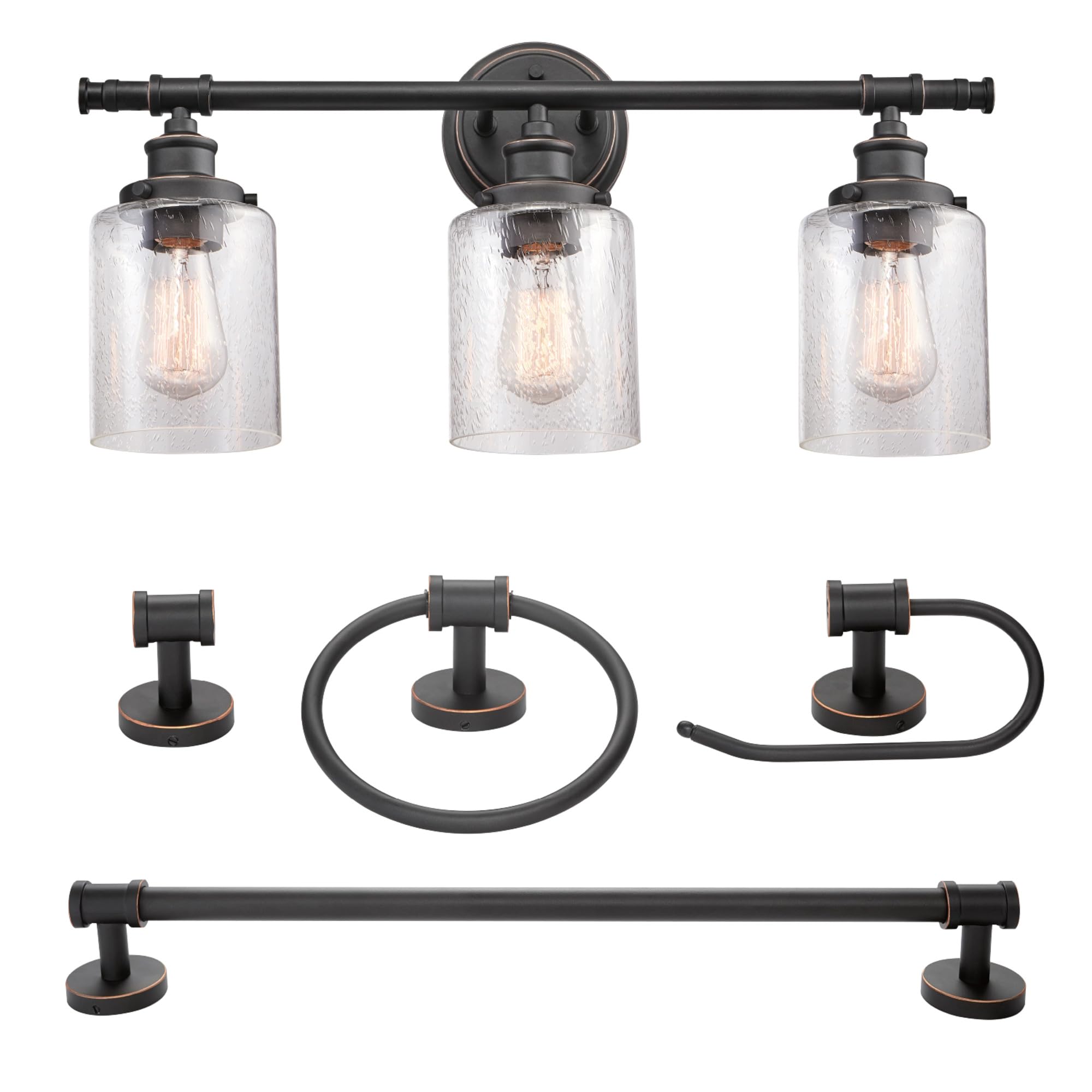 Globe Electric 51415 Camden 5-Piece Bathroom Set - 3 Vanity Lights with Seeded Glass Shades, Towel Bar, Ring, Robe Hook & Toilet Paper Holder in Bronze Finish | Perfect for Modern Bathroom Decor & Vanity Lighting