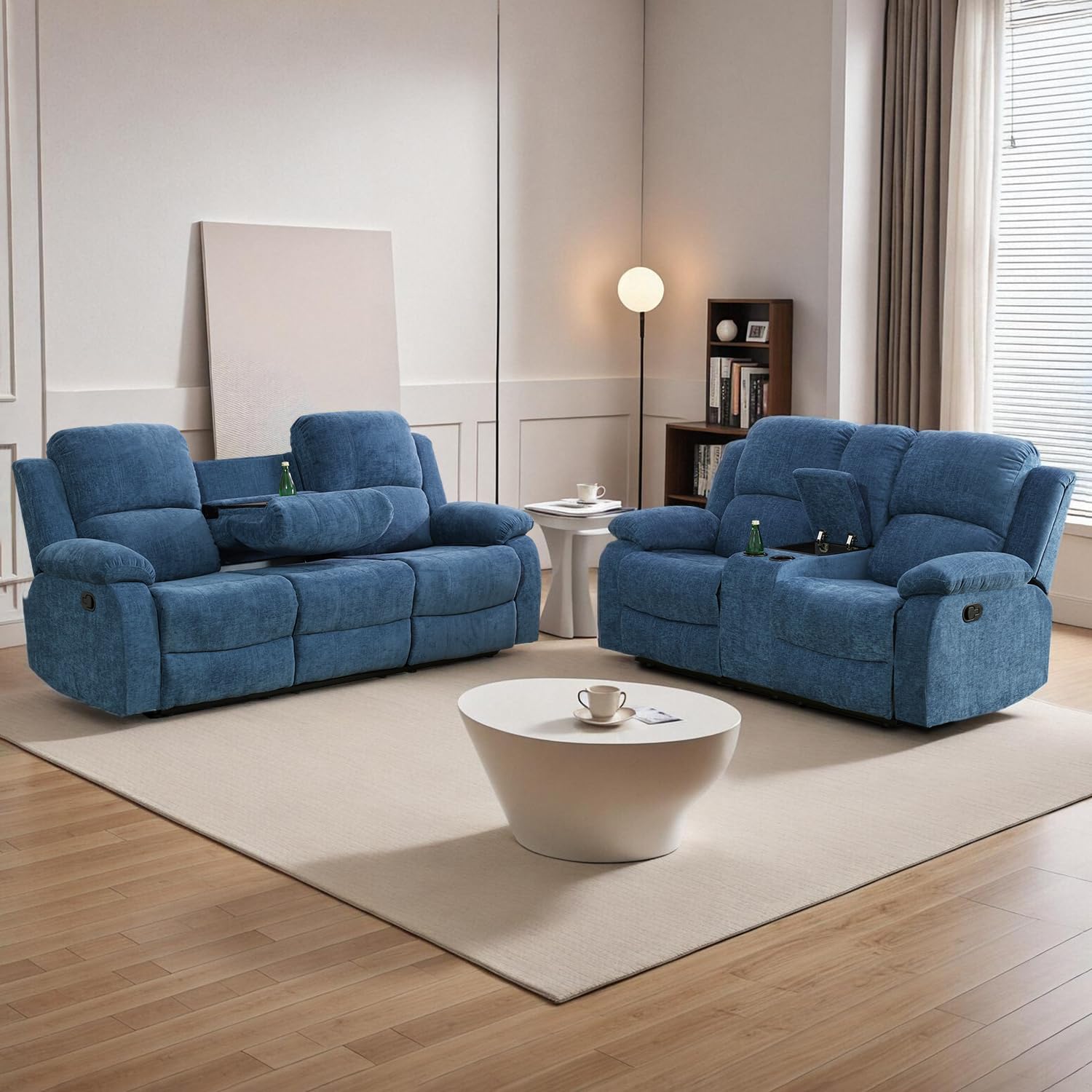 2-Piece Recliner Sofa Set - Blue Fabric Reclining Sofa & Loveseat for Living Room, Office & Home Theater - Comfortable Modern Furniture Set for Relaxing, Movie Nights & Family Gatherings
