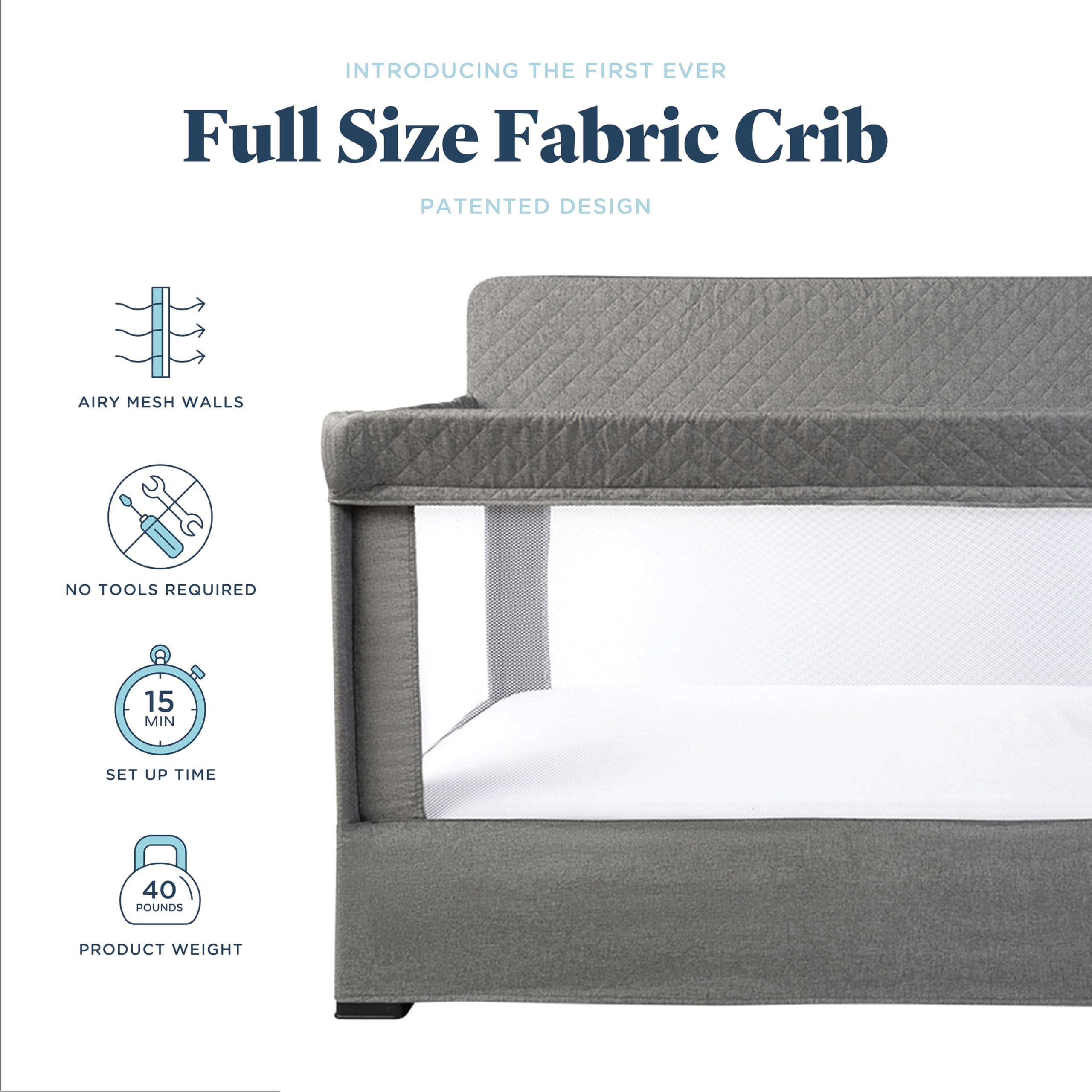 Baby Delight Lunaire Full Size Crib & Playard - Breathable Mesh Baby Crib with Tool-Free Assembly, Charcoal Tweed | Safe Nursery Bed for Newborns & Toddlers | Perfect for Daytime Naps & Overnight Sleeping