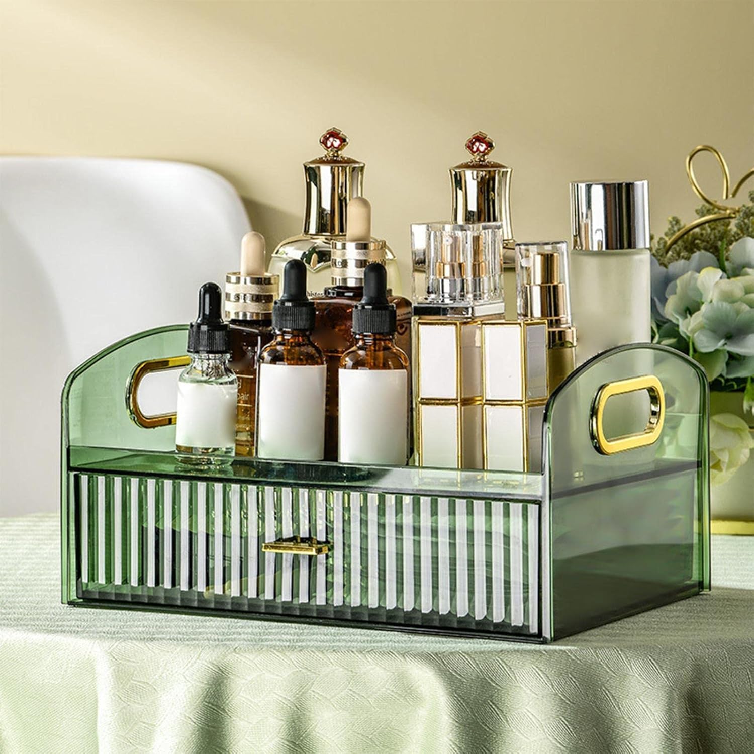 Seadra Clear Acrylic Makeup Organizer with Handle - 3-Tier Cosmetic Storage Drawers for Bathroom Vanity, Desk & Dresser - Perfect for Skincare, Jewelry & Beauty Product Display (12
