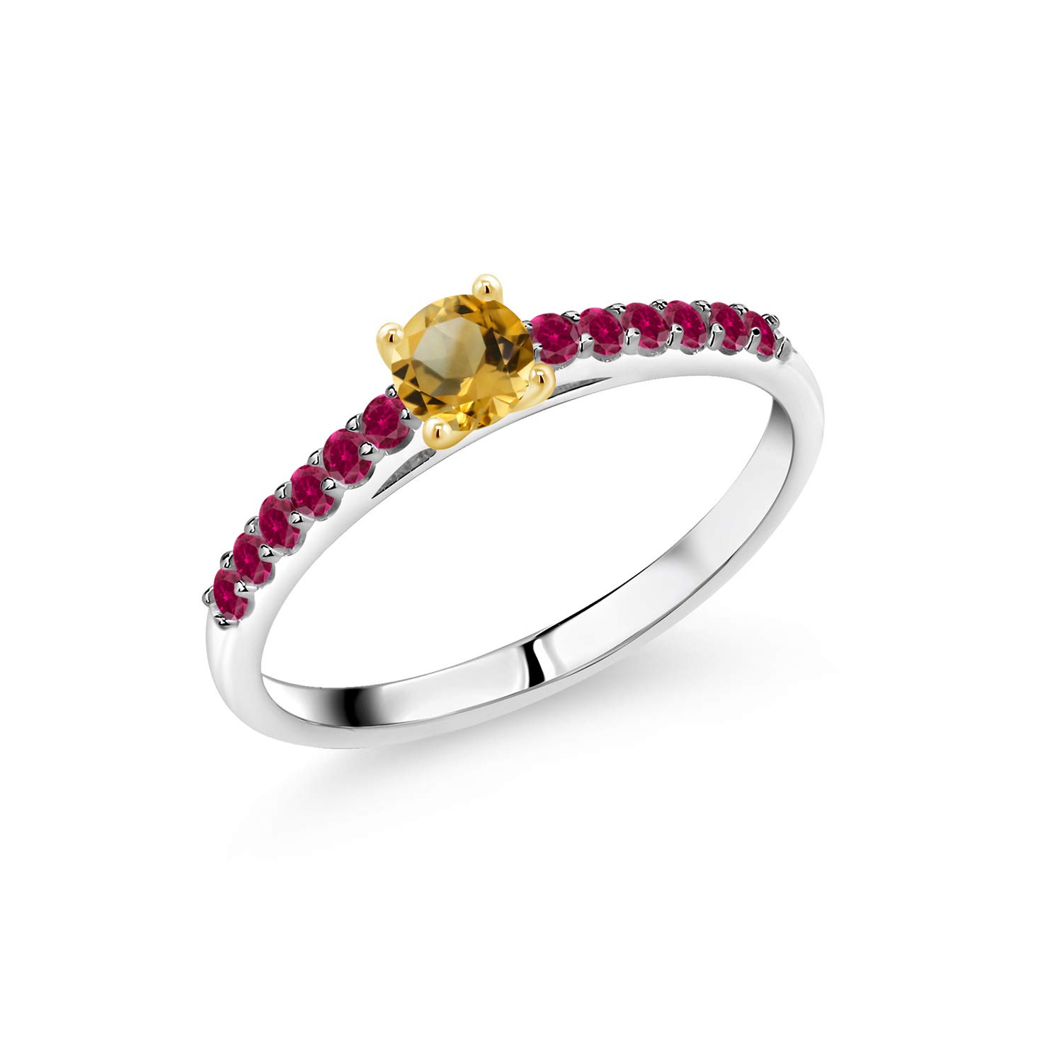 Gem Stone King 925 Sterling Silver Women's Engagement Ring with 10K Yellow Gold Prongs, Yellow Citrine & Red Created Ruby (0.44 Cttw) - Perfect for Weddings, Anniversaries, and Special Occasions