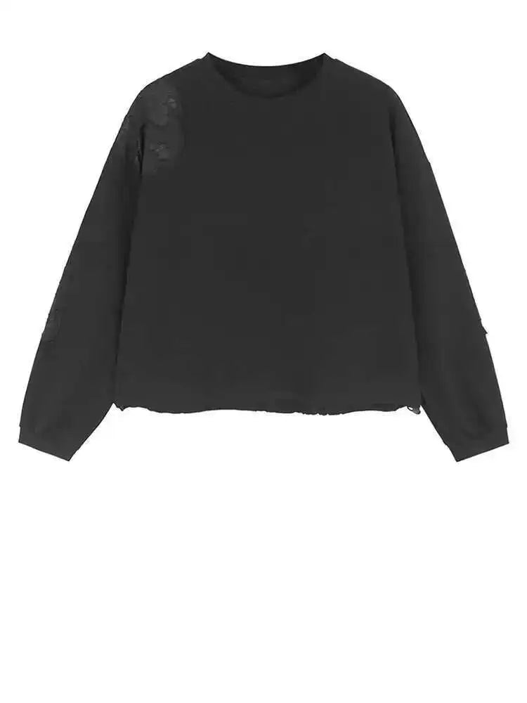 Black Lace Hollow Out Casual Sweatshirt for Women - Round Neck Long Sleeve Oversized Fashion Top - Spring Autumn 2025 Trendy Outfit - Perfect for Date Night, Office Wear & Casual Outings