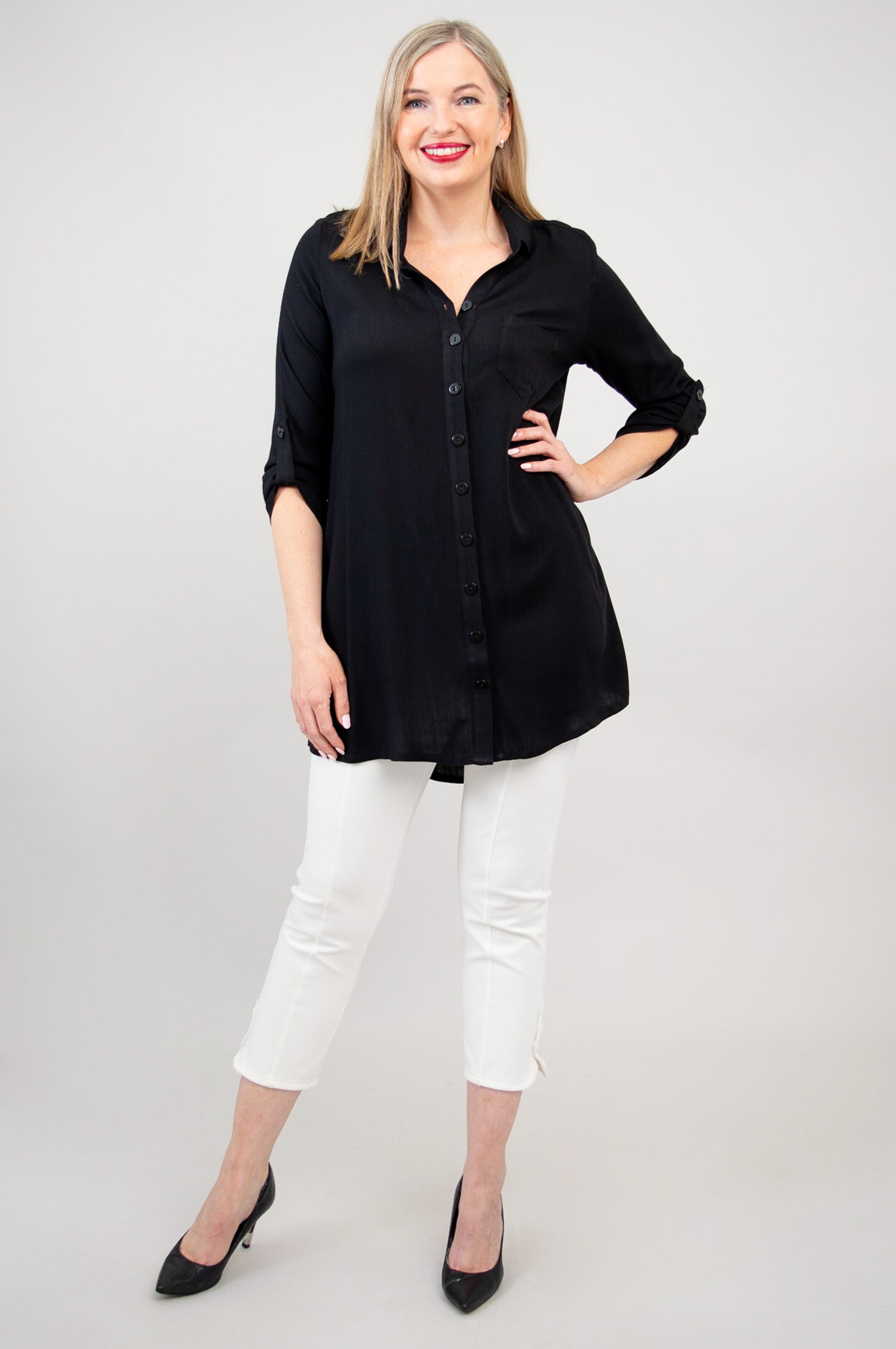 Celine Women's Black Linen Bamboo Blouse - Elegant Casual & Office Wear for Summer
