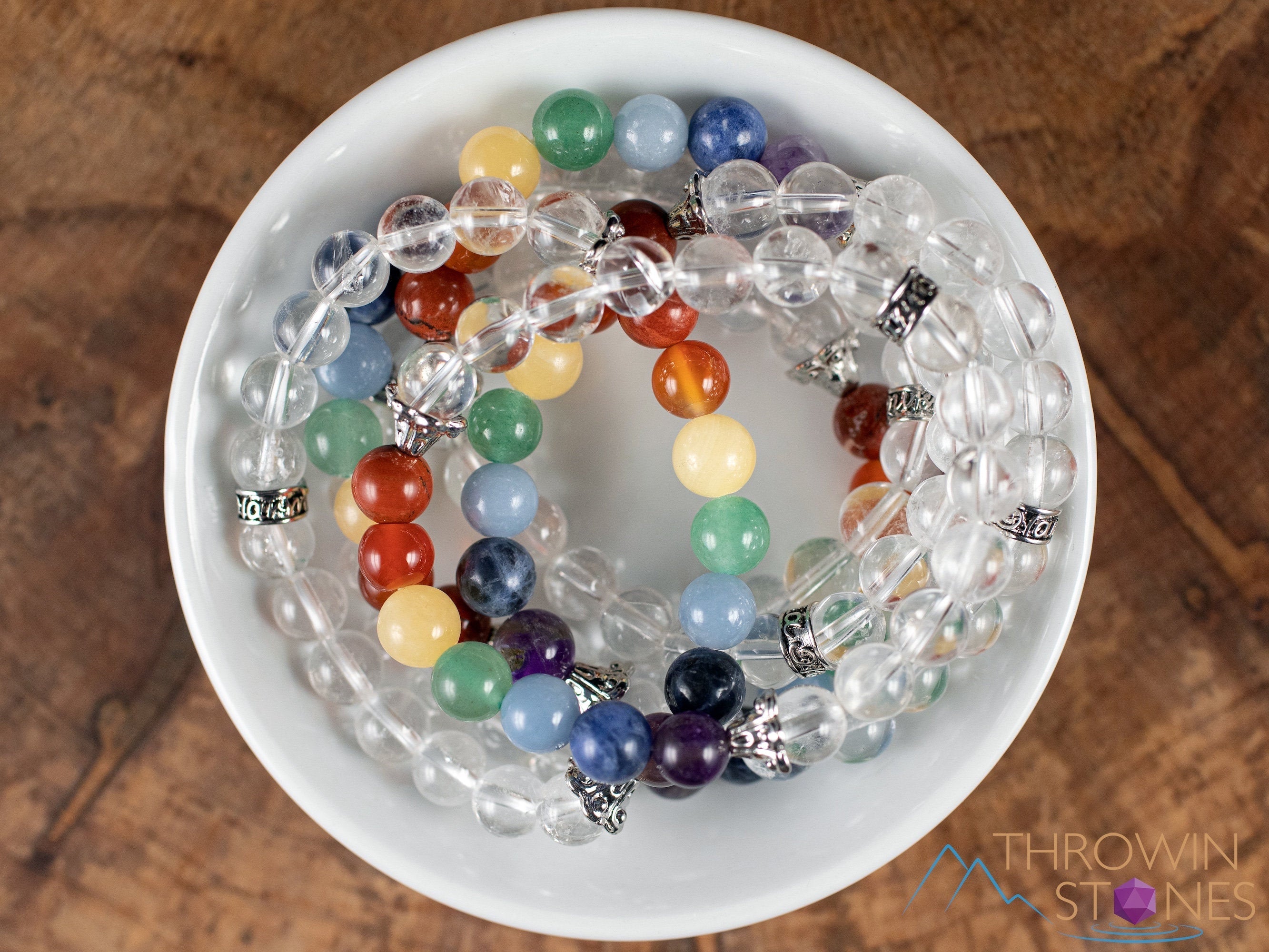 Chakra & Clear Quartz Crystal Bracelet - Round Beads Handmade Healing Jewelry for Meditation, Yoga & Energy Balancing | E1967