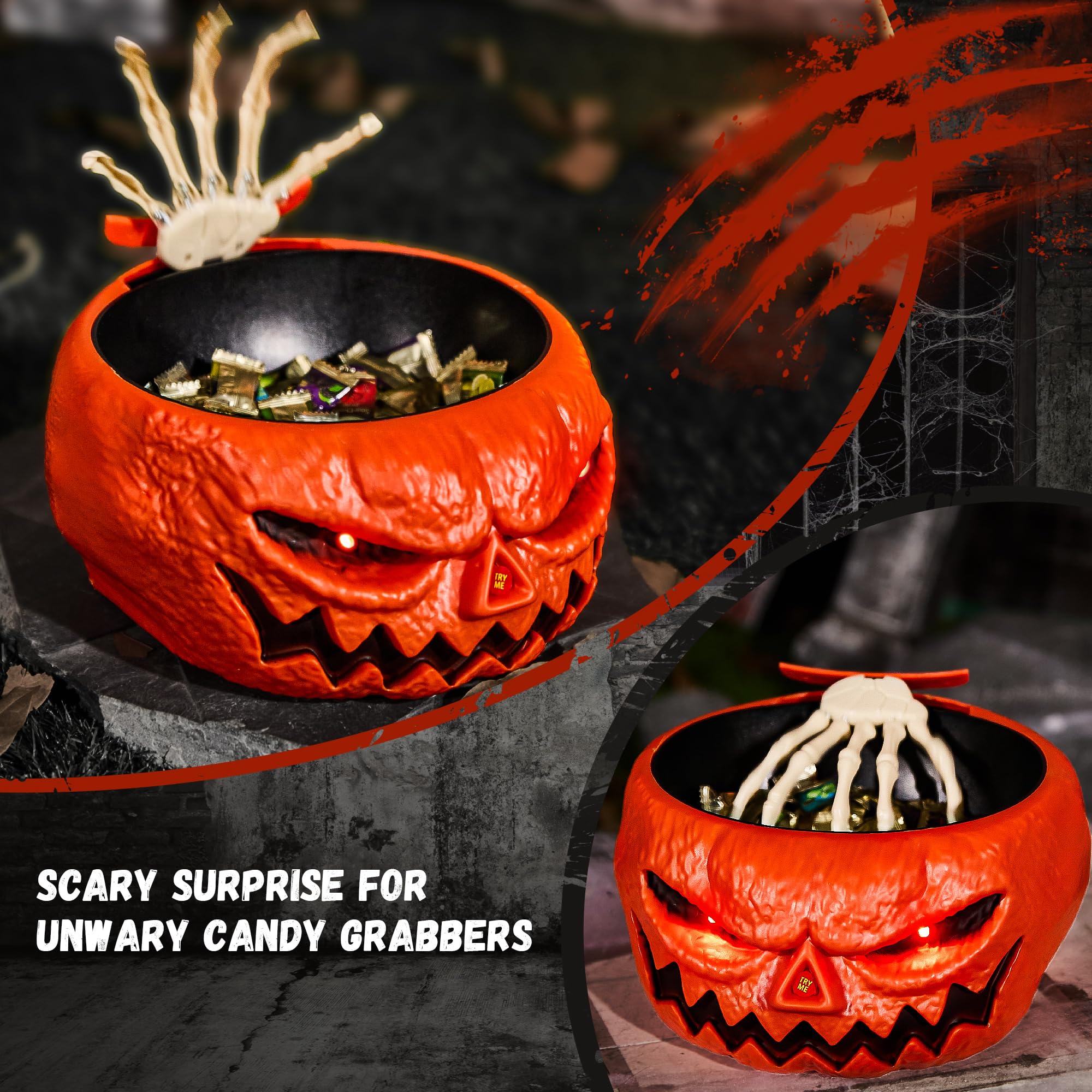 Animatronic Halloween Candy Bowl - Touch Activated Pumpkin Bowl with Creepy Sounds, Moving Skeleton Hand & Glowing Eyes | Scary Halloween Party Decor for Trick-or-Treat, Haunted House & Spooky Home Decoration