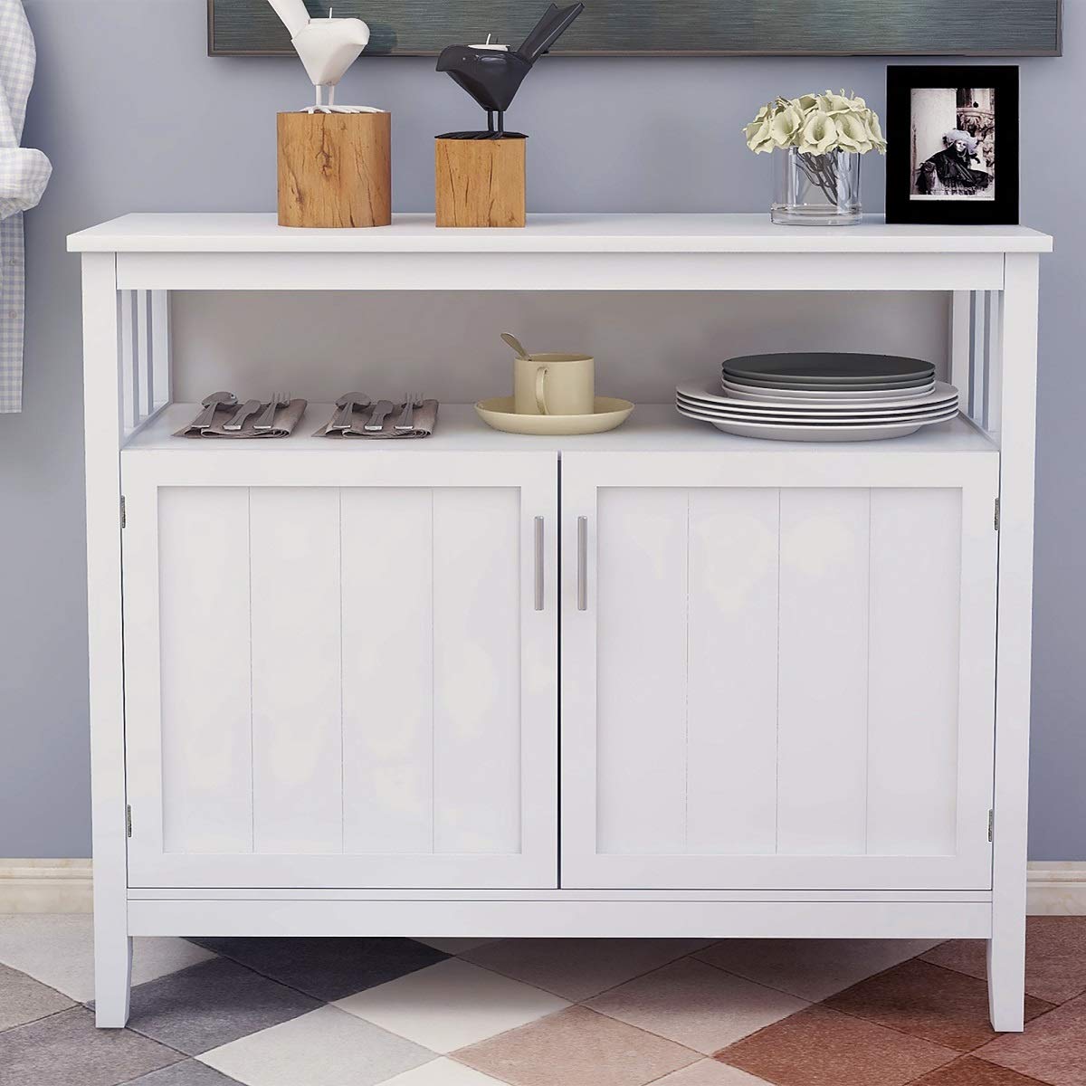Modern Kitchen Storage Sideboard Buffet Server Cabinet with 2 Doors & Adjustable Shelf - White Dining Room Furniture for Kitchen, Bedroom, Living Room Storage & Organization