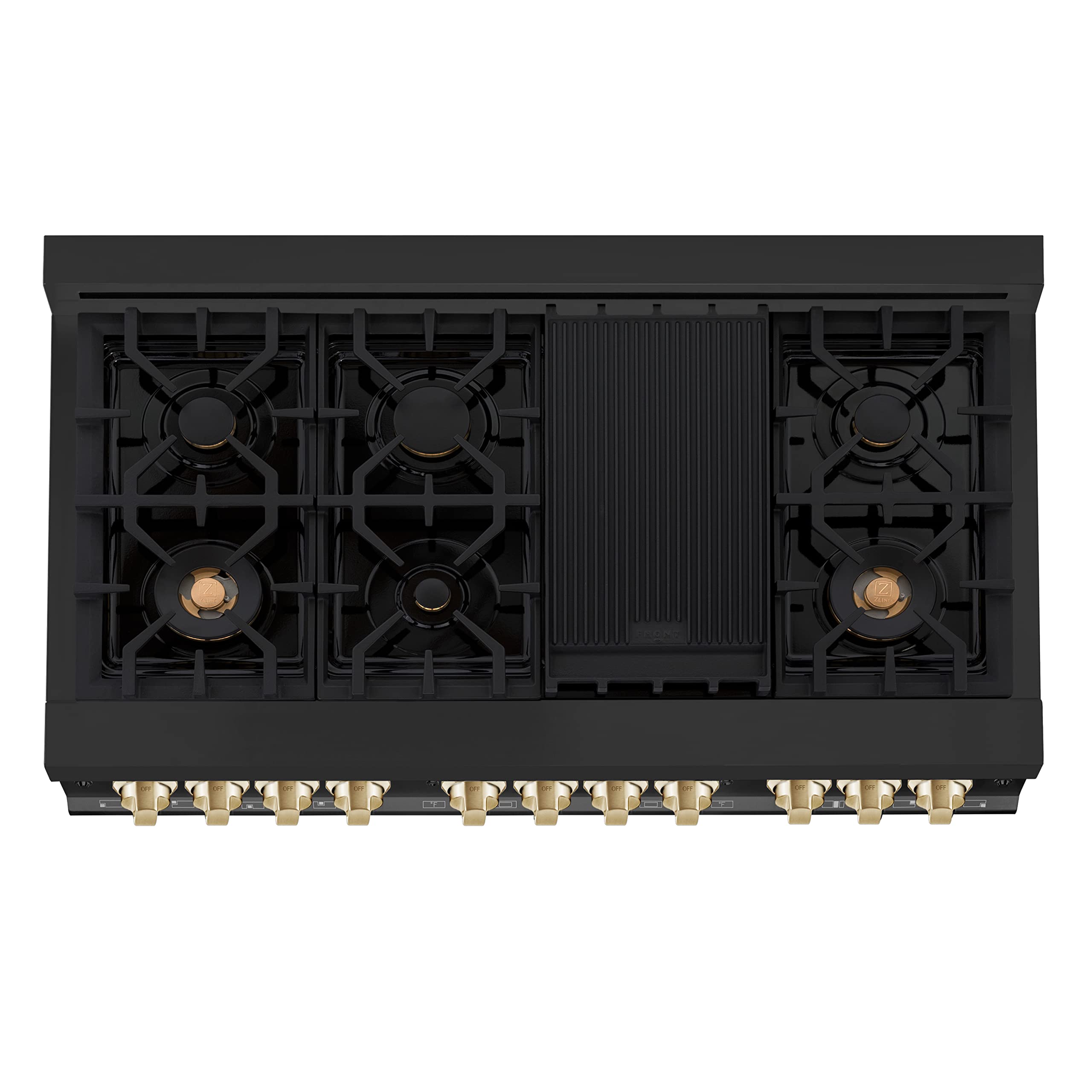 ZLINE Autograph Edition 48-Inch 6.0 cu. ft. Dual Fuel Range - 7 Burner Gas Cooktop & 2 Electric Ovens - Black Stainless Steel with Polished Gold Accents (RABZ-48-G) - Perfect for Professional Kitchens & Luxury Home Cooking