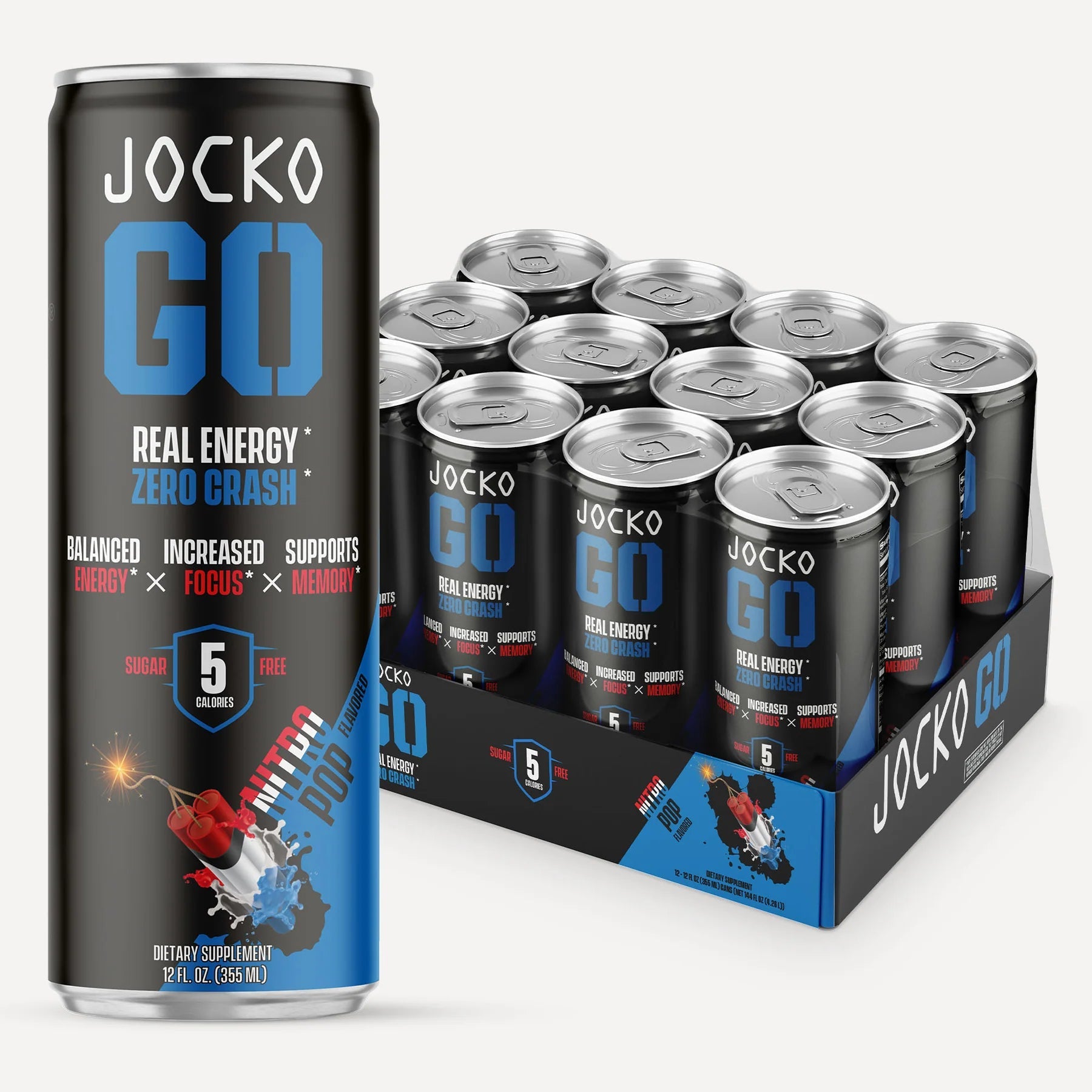 JOCKO GO Energy Drink Nitro Pop - 12 Pack Sugar Free Pre Workout Supplement with Natural Caffeine | Boost Energy & Focus for Gym, Running & Sports Performance