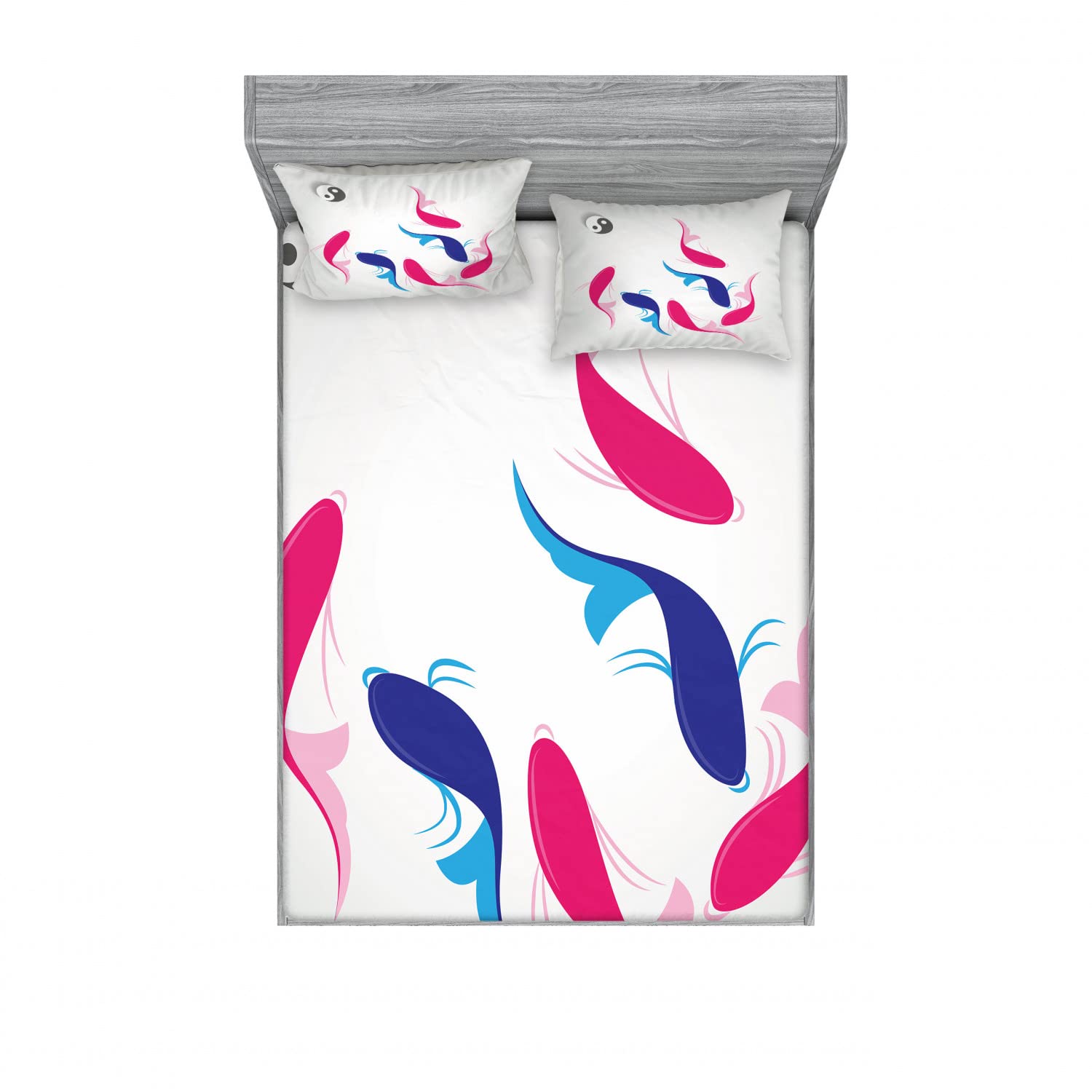 Ambesonne Japanese Yin Yang Fish 2-Pack Full Size Fitted Sheet Set with 4 Pillow Shams - Pink & Blue Asian Inspired Bedding for Zen Bedroom Decor | Perfect for Meditation Rooms, Spa Retreats & Boho Chic Home Styling