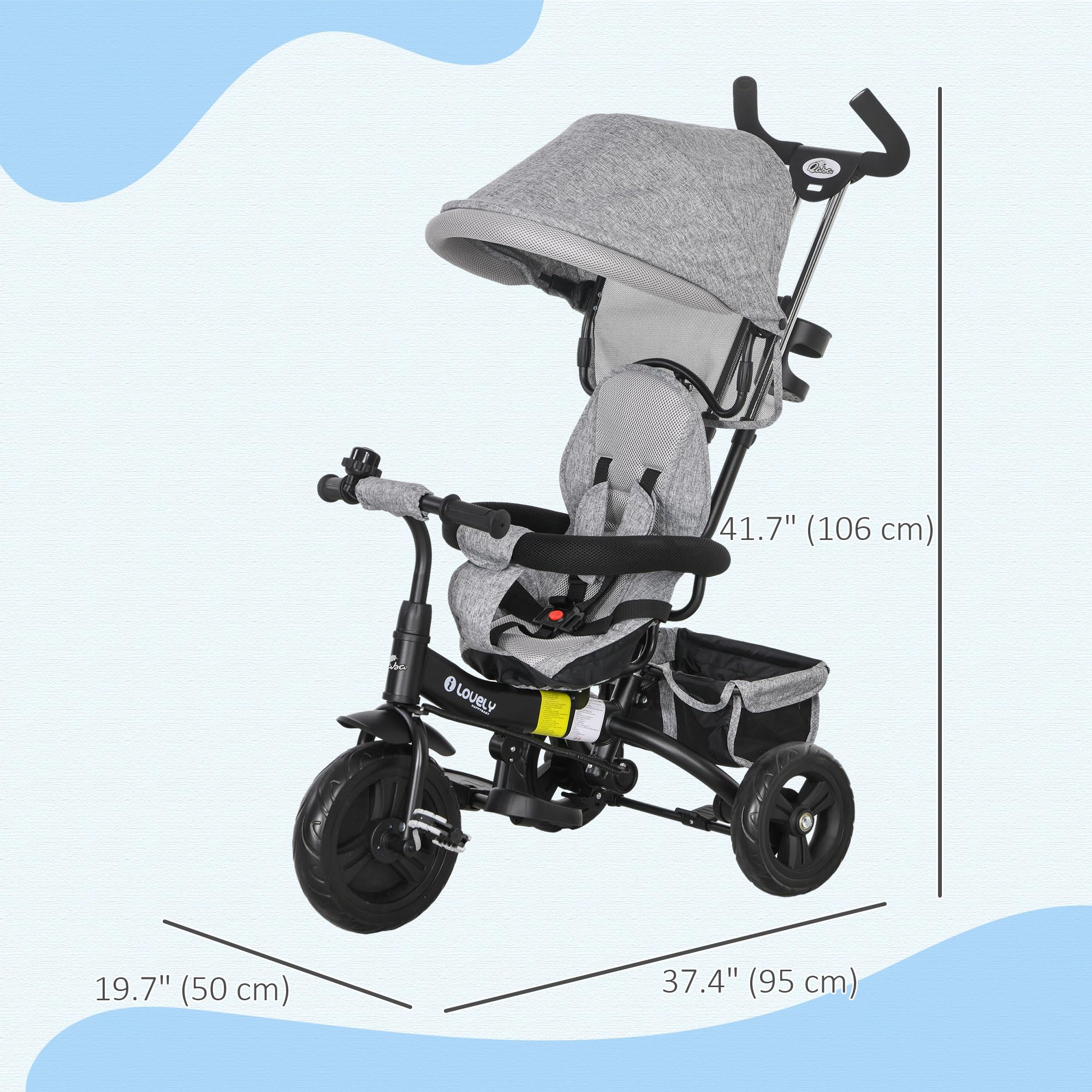 Qaba 6-in-1 Toddler Tricycle with Foldable Canopy & Storage Basket - Adjustable 5-Point Safety Harness Trike for Kids 1-5 Years Old (Grey) - Perfect for Outdoor Play, Park Rides & Learning Balance
