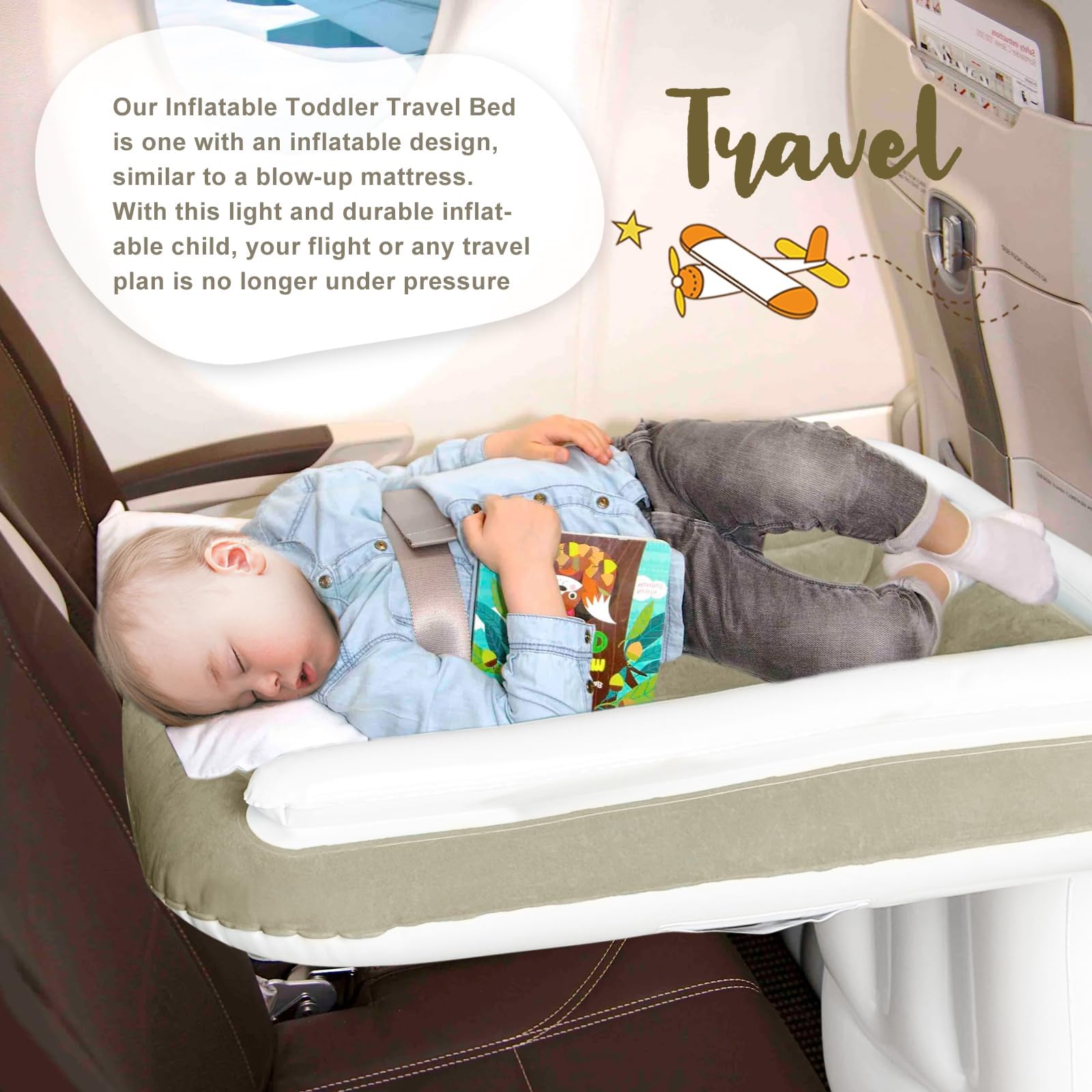 Toddler Travel Bed for Airplane & Car - Portable Airplane Seat Extender with Safety Belt | Comfortable Kids Bed for Train, Road Trips & Flights | Beige 004