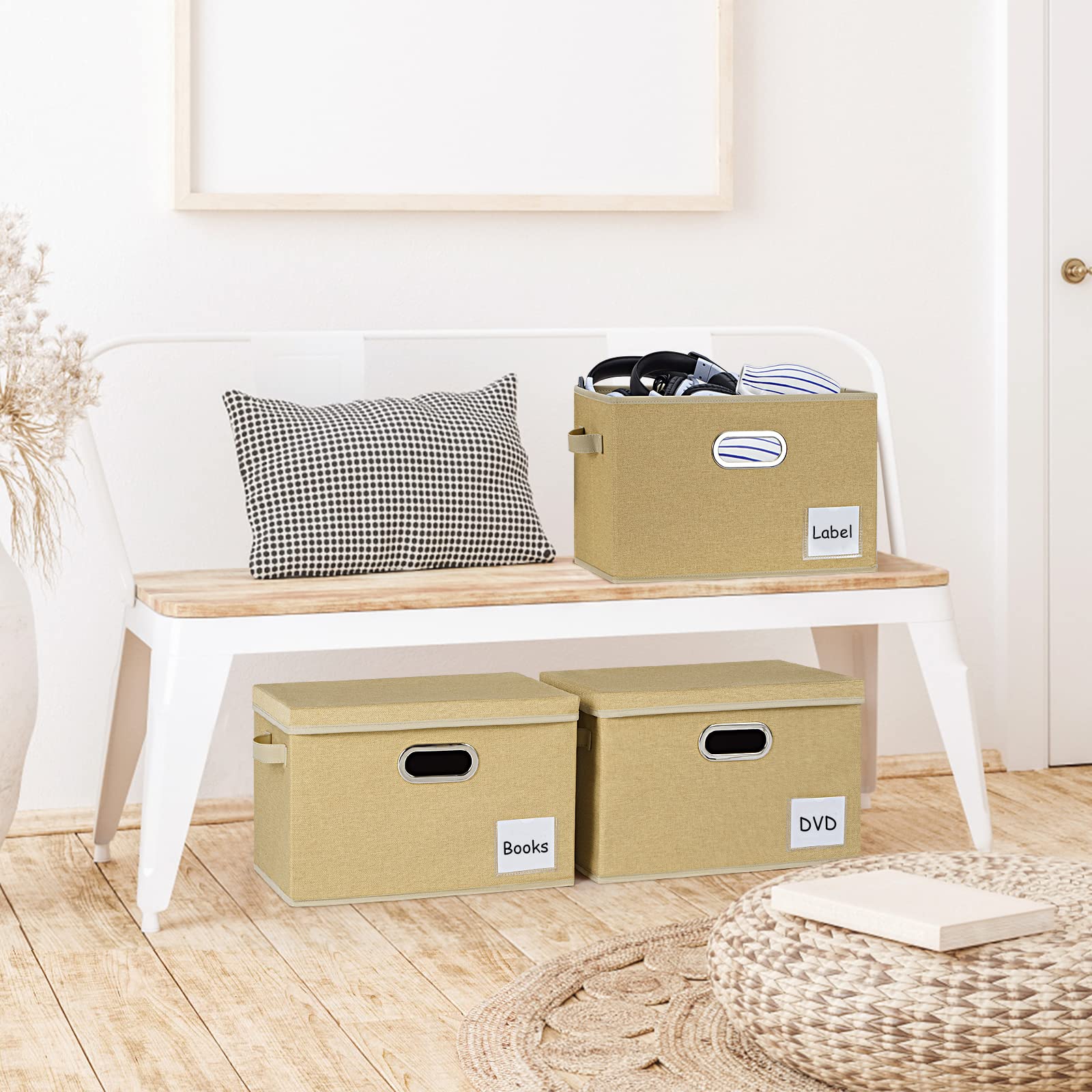 LHZK 6-Pack Large Foldable Fabric Storage Bins with Lids - Sturdy Linen Closet Organizers with Labels & 3 Handles for Shelves, Bedroom, Home Office - Perfect for Seasonal Clothes, Toys & Home Organization (Beige, Large)