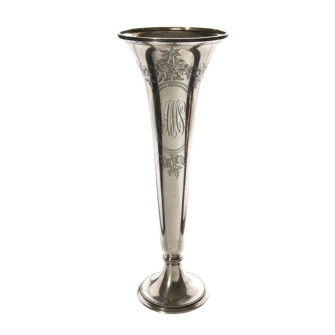 Vintage Gorham Sterling Silver Trumpet Vase with Hand Engraved Floral Design - Perfect for Home Decor, Wedding Centerpieces & Luxury Gift Giving