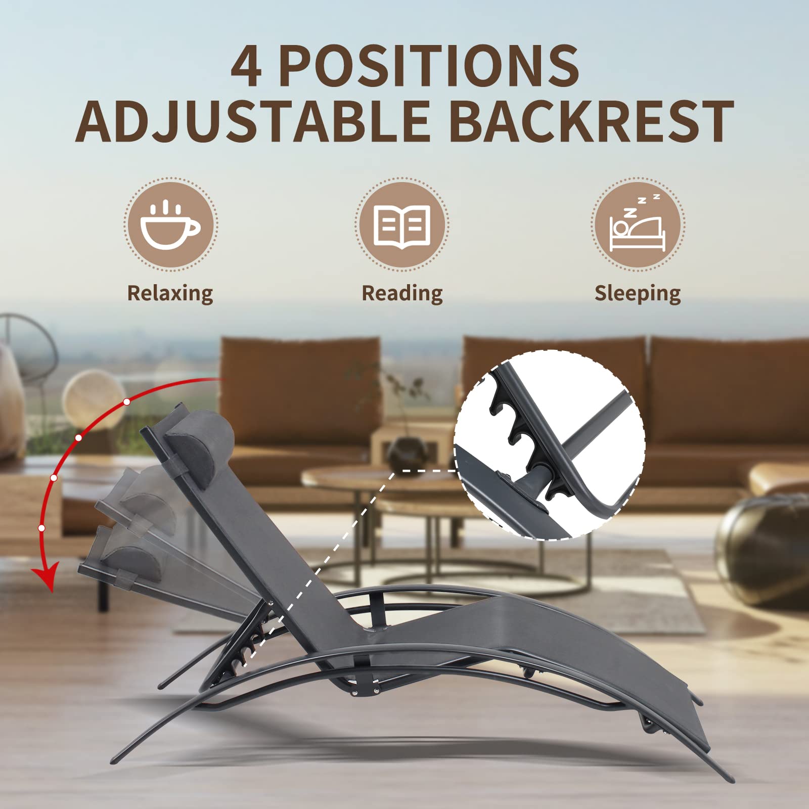 3-Piece Patio Chaise Lounge Chair Set - Aluminum Outdoor Recliner with Adjustable Headrest, Sunbathing & Poolside Tanning Chairs, Armrest Recliner with Side Table - Perfect for Beach, Garden, Lawn & Backyard Relaxation (Grey)
