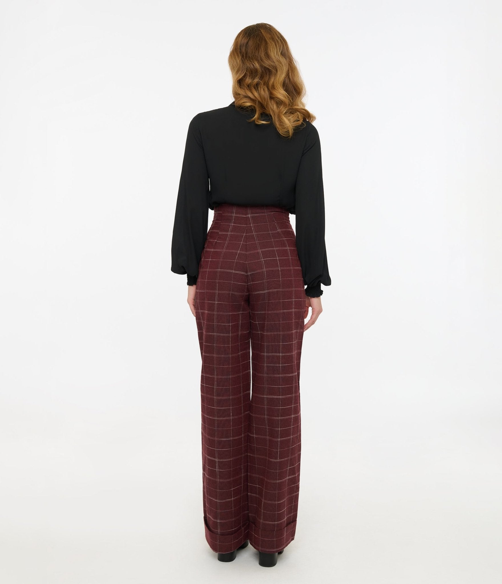Vintage 1940s Burgundy Windowpane Wide Leg Trousers with Button Closure - Retro High Waist Pants for Women, Perfect for Themed Parties, Cosplay and Vintage Fashion Outfits