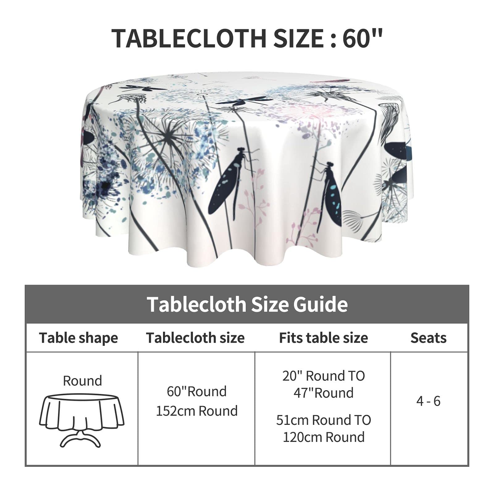 FREEHOTU Elegant Floral Dragonfly Round Tablecloth - Thickened Washable Table Cover for Kitchen, Dining, Party Decor (60 Inch) - Perfect for Daily Use, Holiday Gatherings & Outdoor Picnics