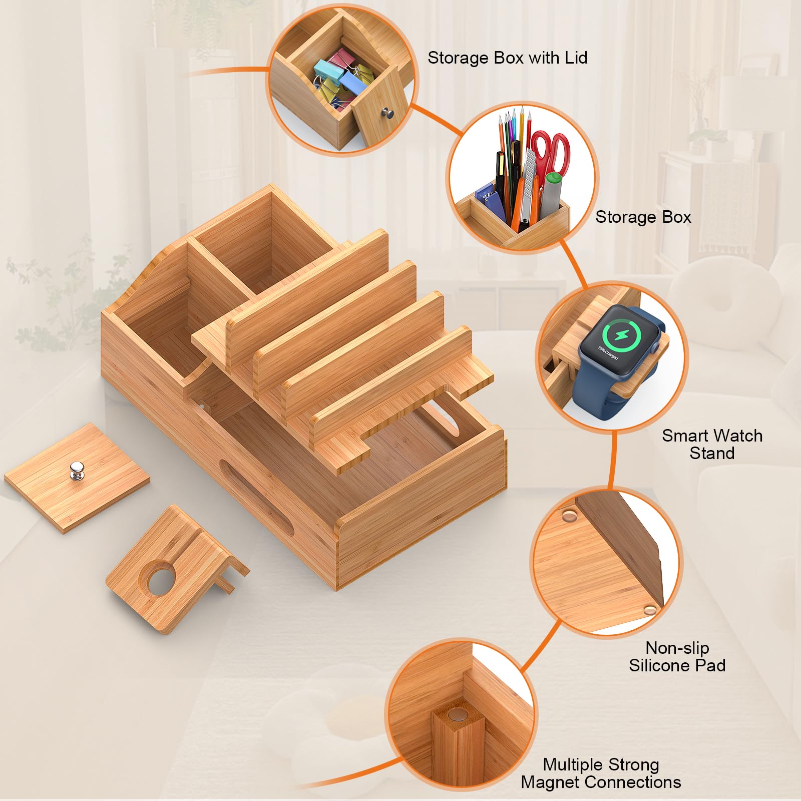 5-Port Bamboo Charging Station with USB Hub & Smart Watch Stand - Multi-Device Desktop Organizer for Phones, Tablets & Watches | Perfect for Home Office & Nightstand Charging