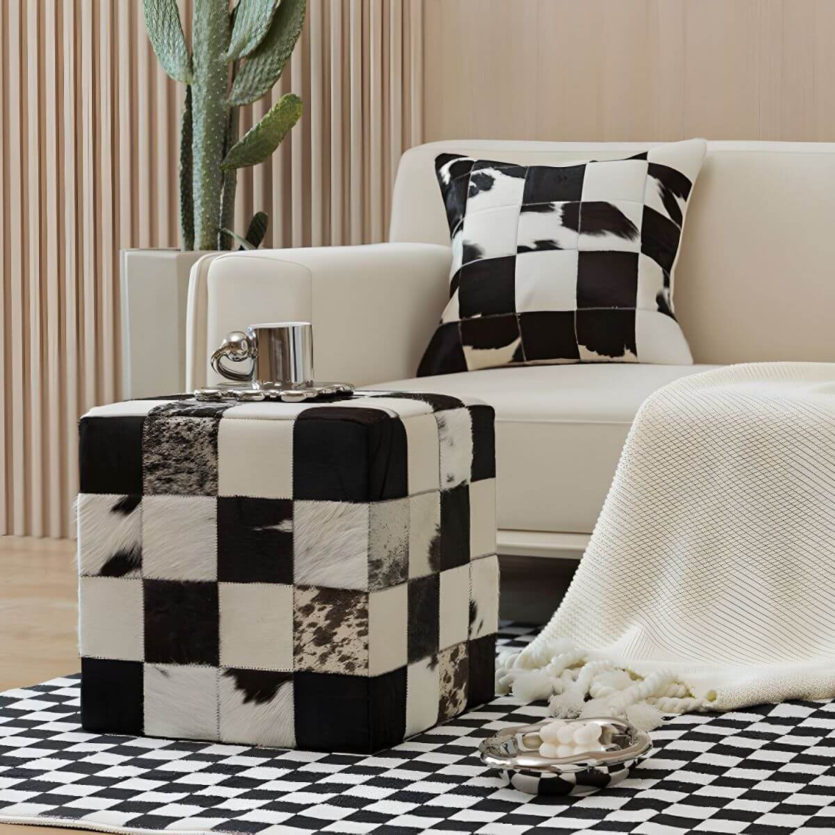 Modern Black Plaid Upholstered Accent Stool with Solid Wood Frame - 16