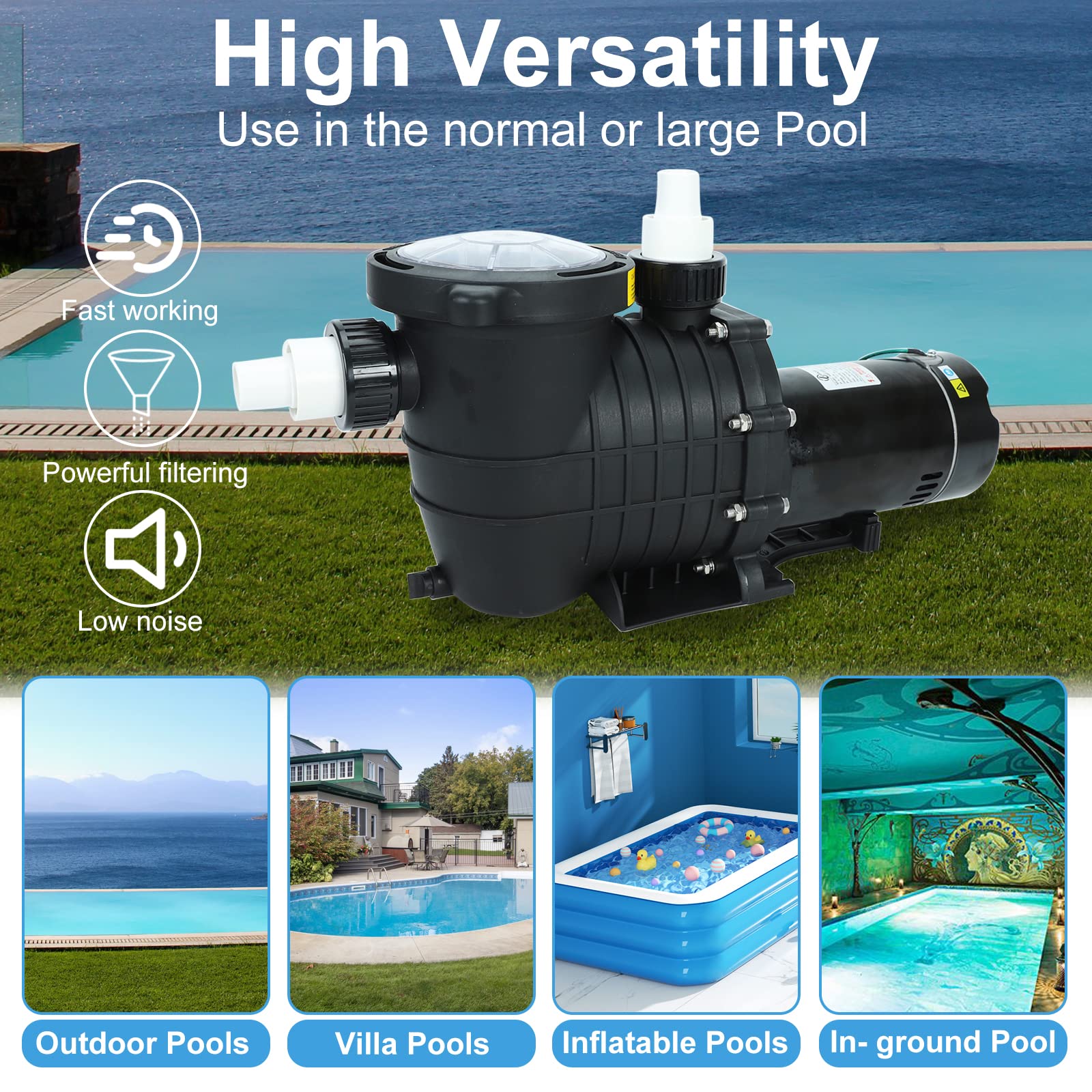 2.0 HP In-Ground & Above-Ground Swimming Pool Pump - 110V 6600GPH Single Speed Water Pump with Filter Basket | Ideal for Pool Maintenance, Water Circulation & Filtration in Backyard Pools