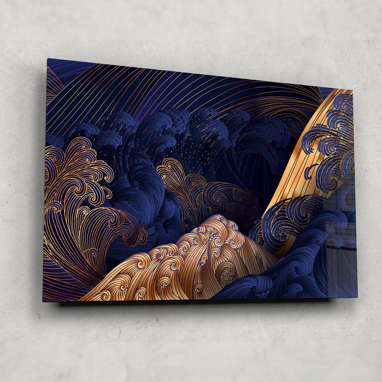 Golden Blue Waves Tempered Glass Wall Art - Modern Ocean Themed Decor for Living Room, Bedroom & Office - Shatterproof & Stylish Home Accent