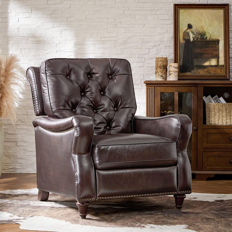 Myria Genuine Leather Nailhead Recliner Chair - Modern Living Room Furniture with Tufted Back and Padded Armrests | Perfect for Home Theater, Gaming, and Relaxation